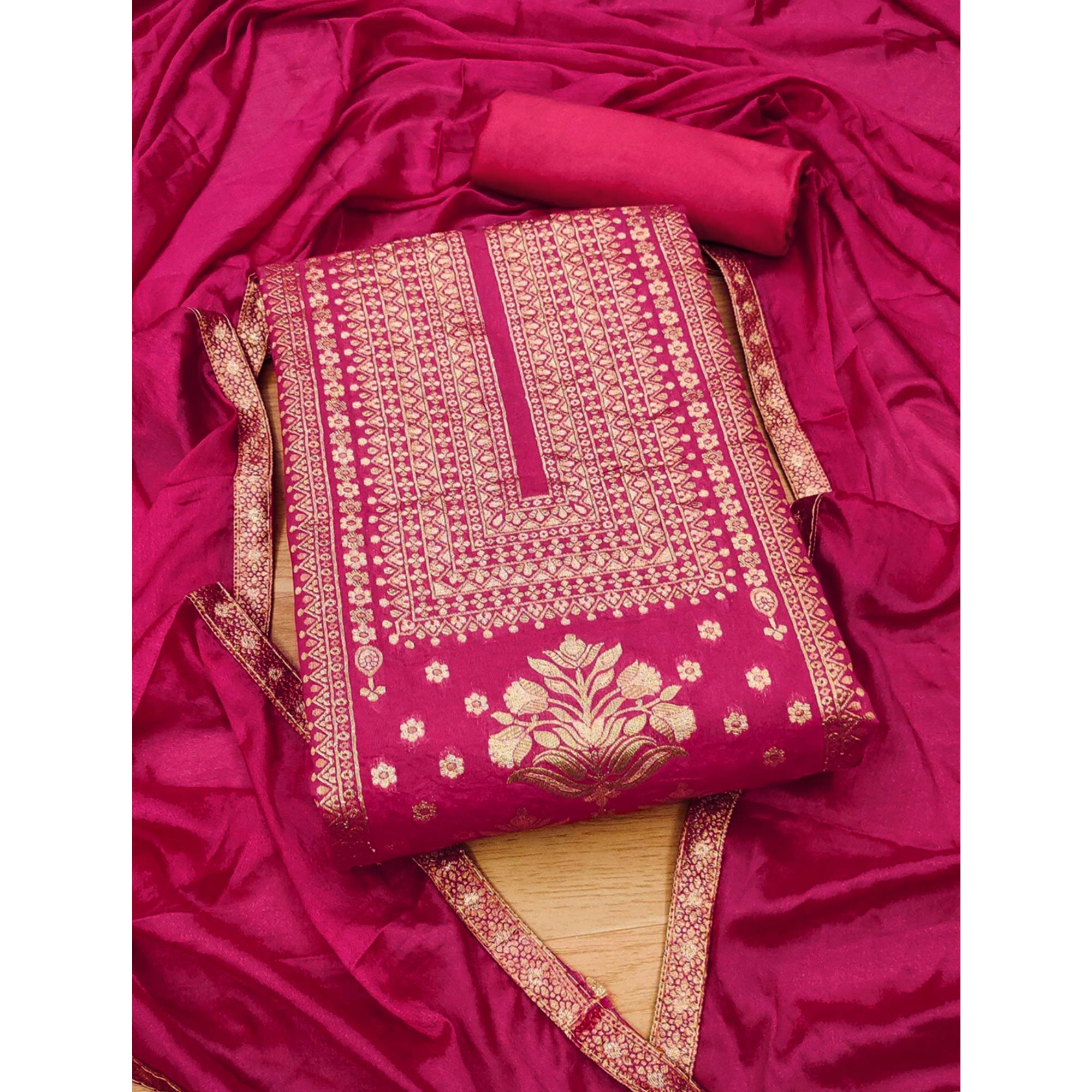 Pink Floral Woven Banarasi Silk Dress Material