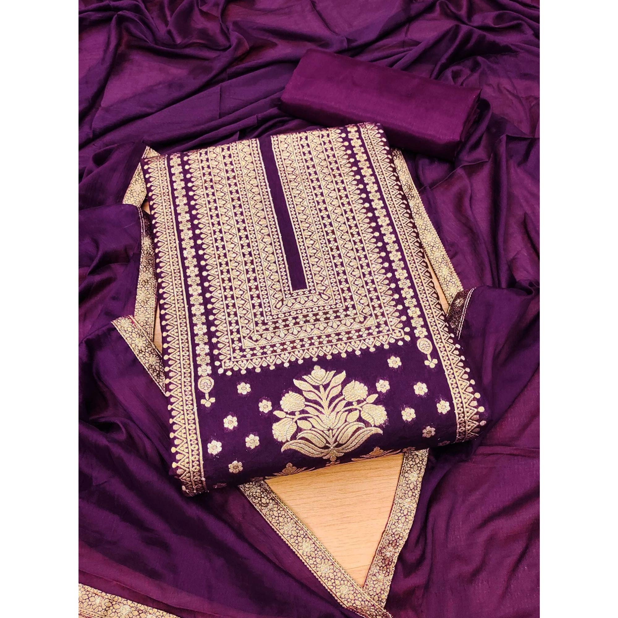 Purple Floral Woven Banarasi Silk Dress Material