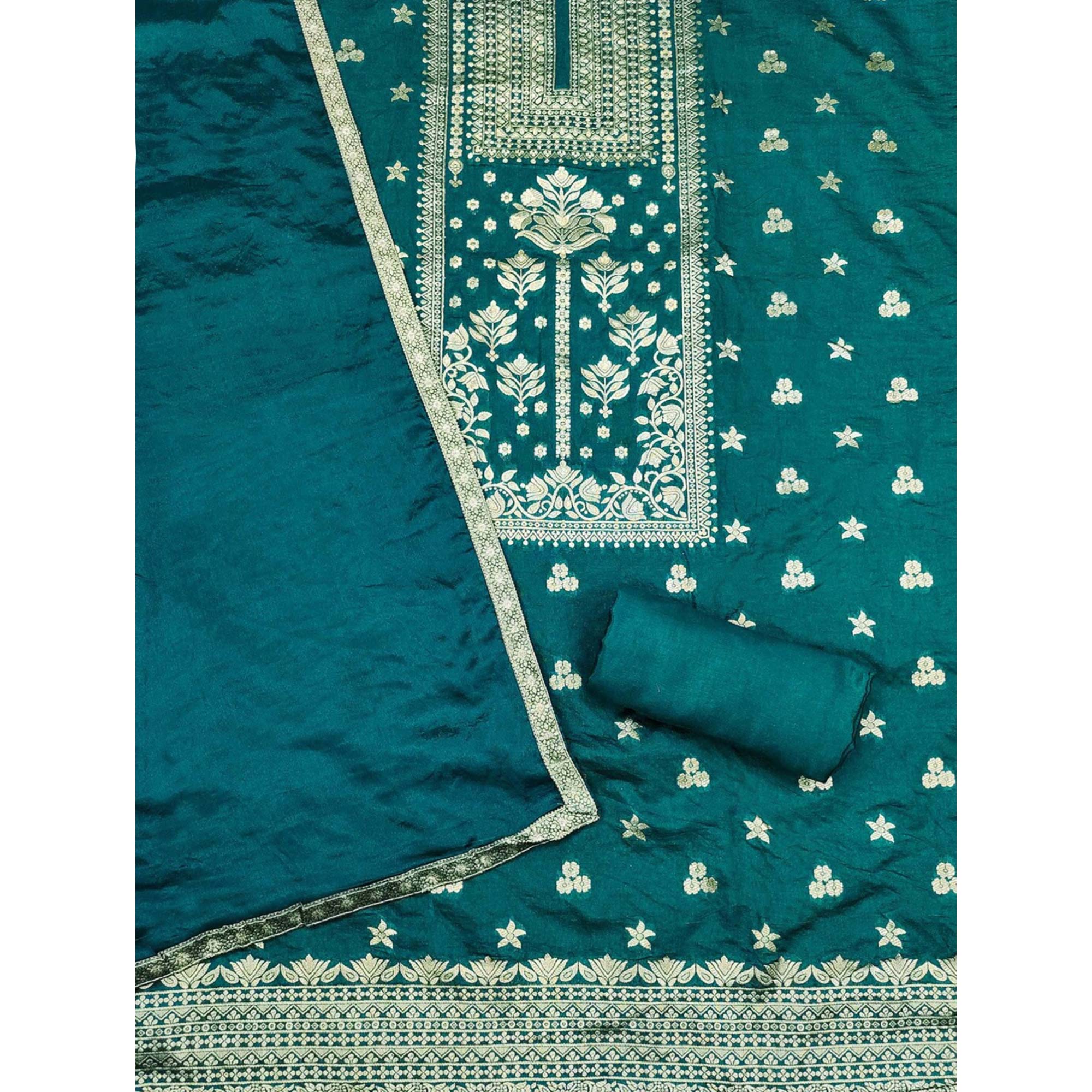 Rama Green  Floral Woven Banarasi Silk Dress Material