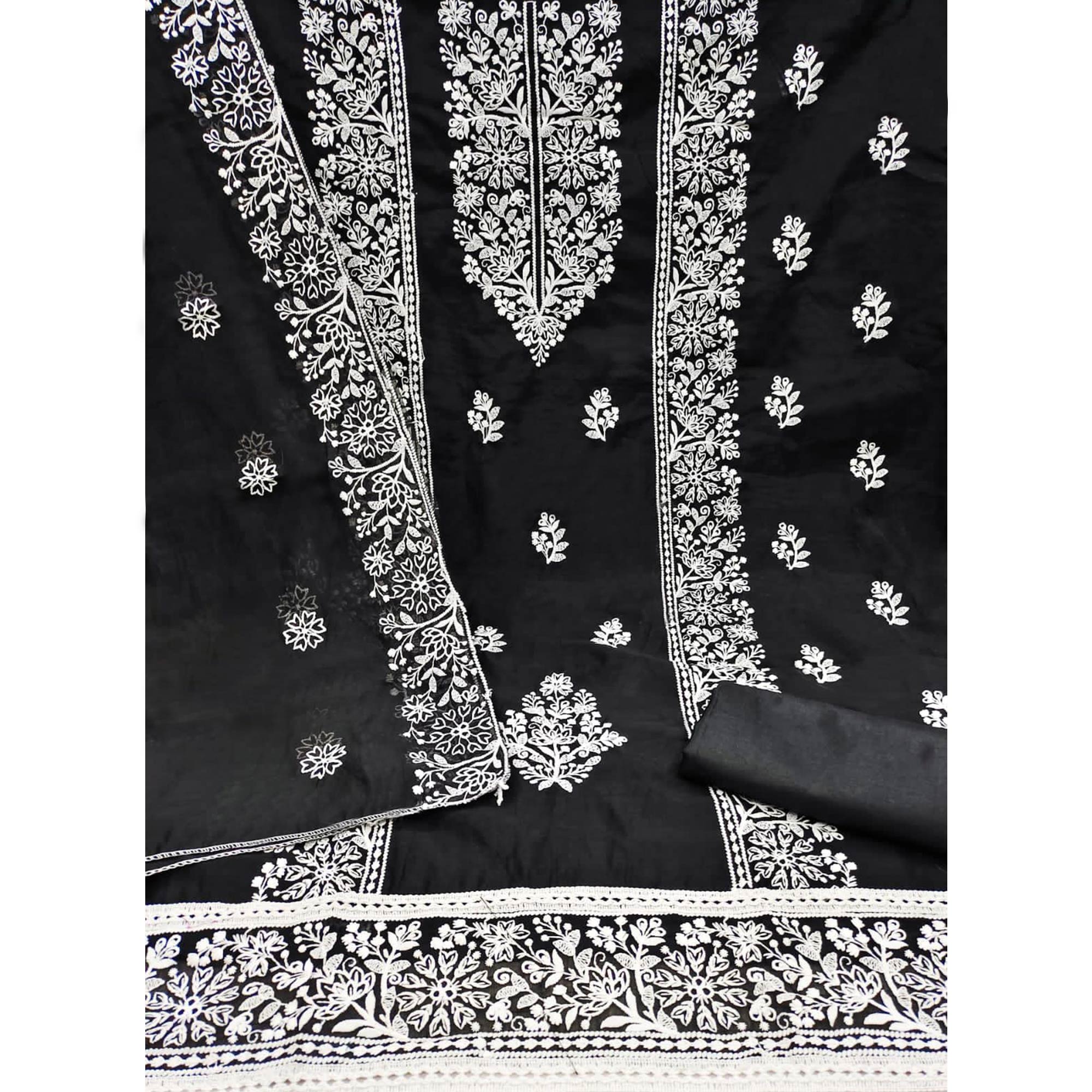 Black Floral Embroidered Modal Dress Material