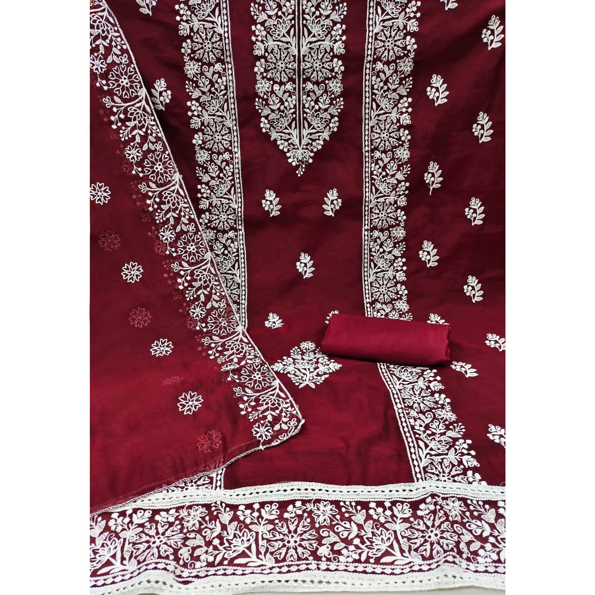 Maroon Floral Embroidered Modal Dress Material