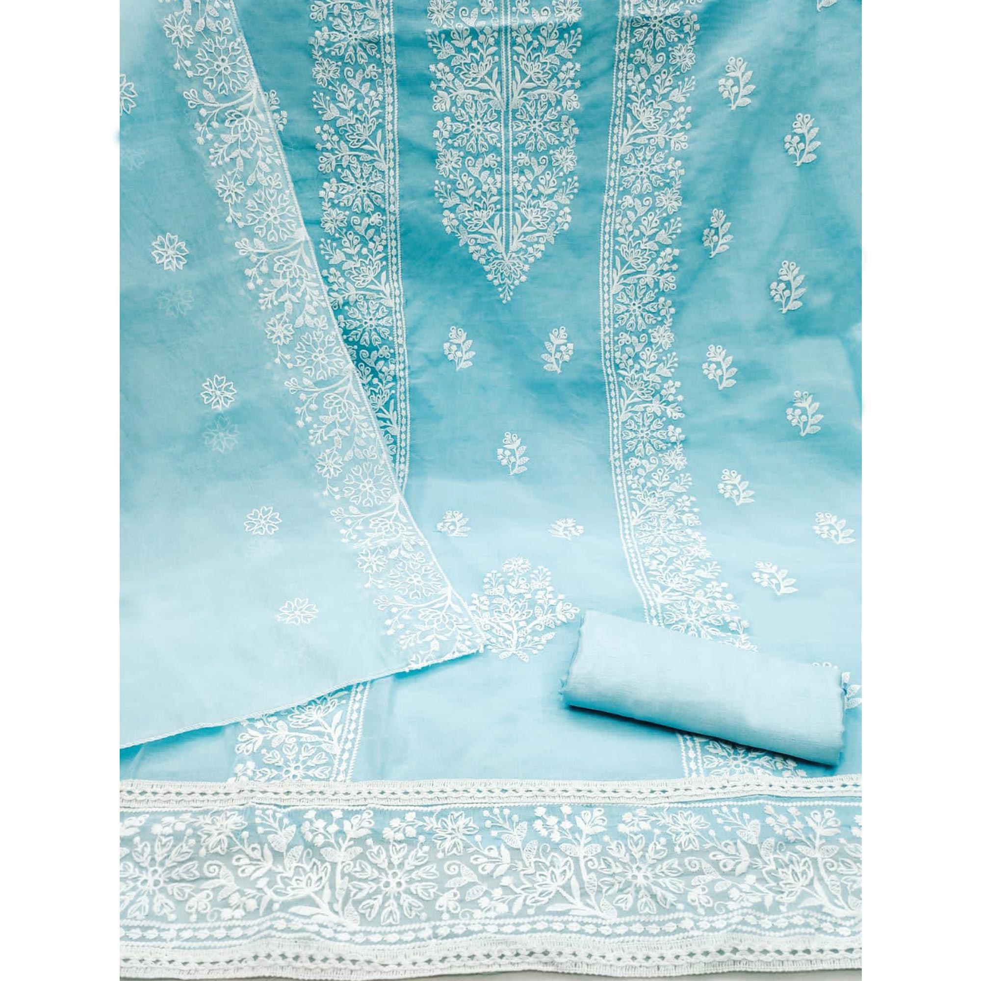 Sky Blue Floral Embroidered Modal Dress Material