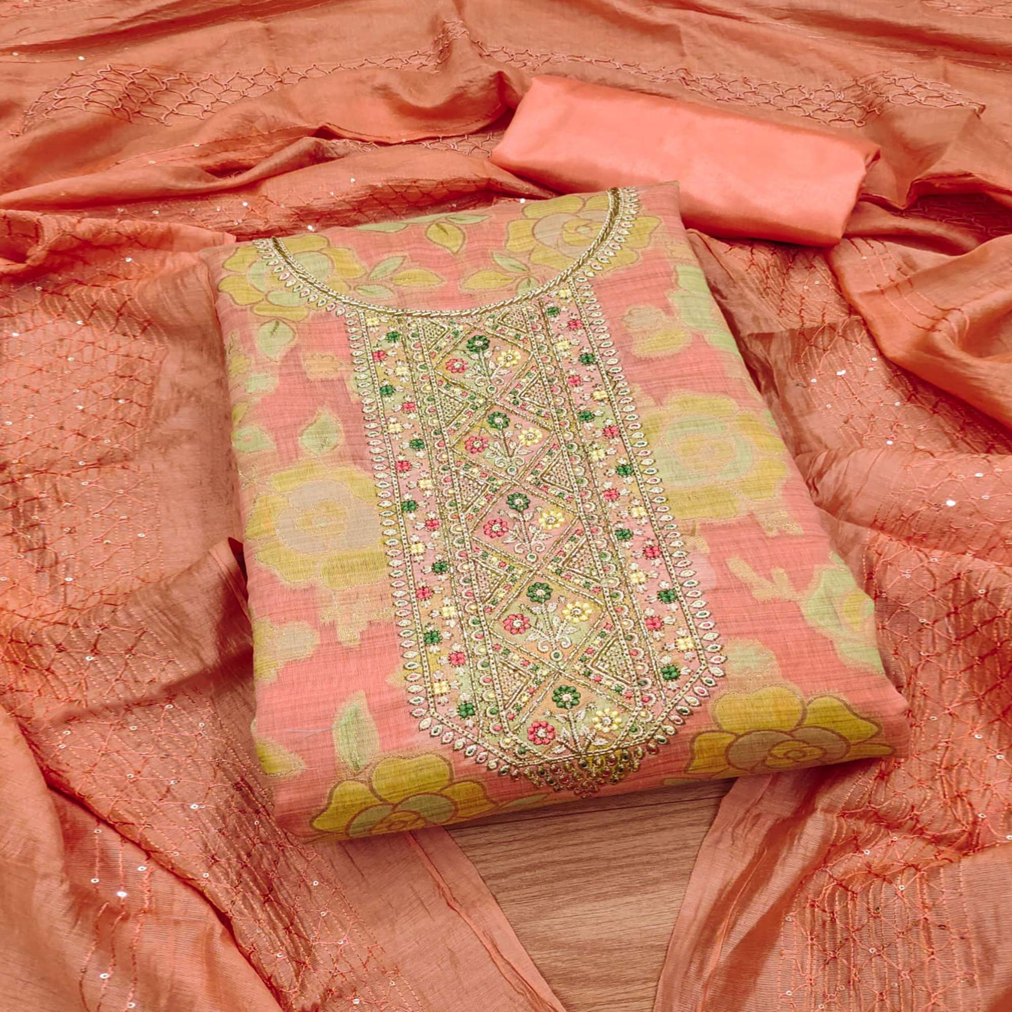 Peach Floral Embroidered Modal Dress Material