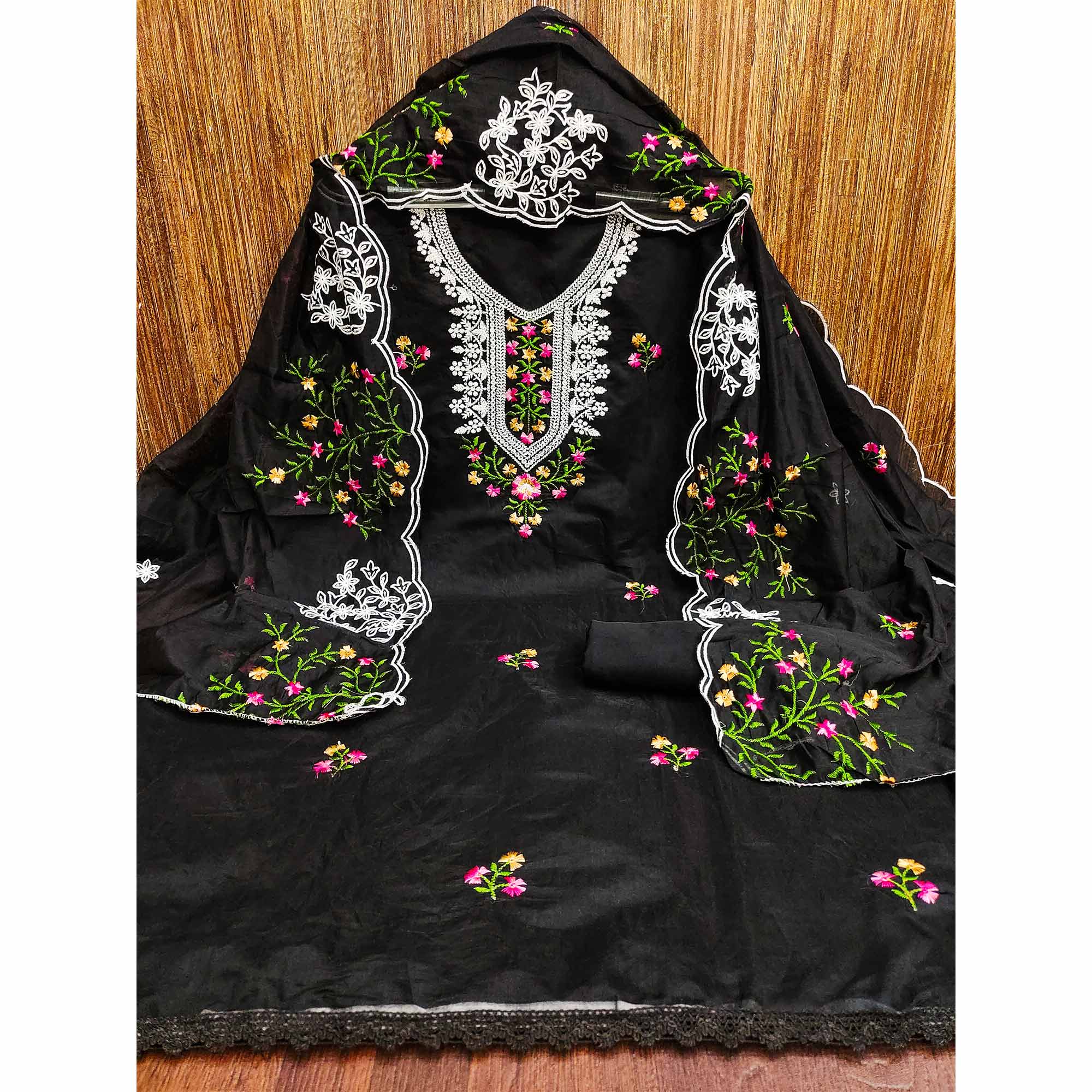 Black Floral Embroidered Chanderi Dress Material