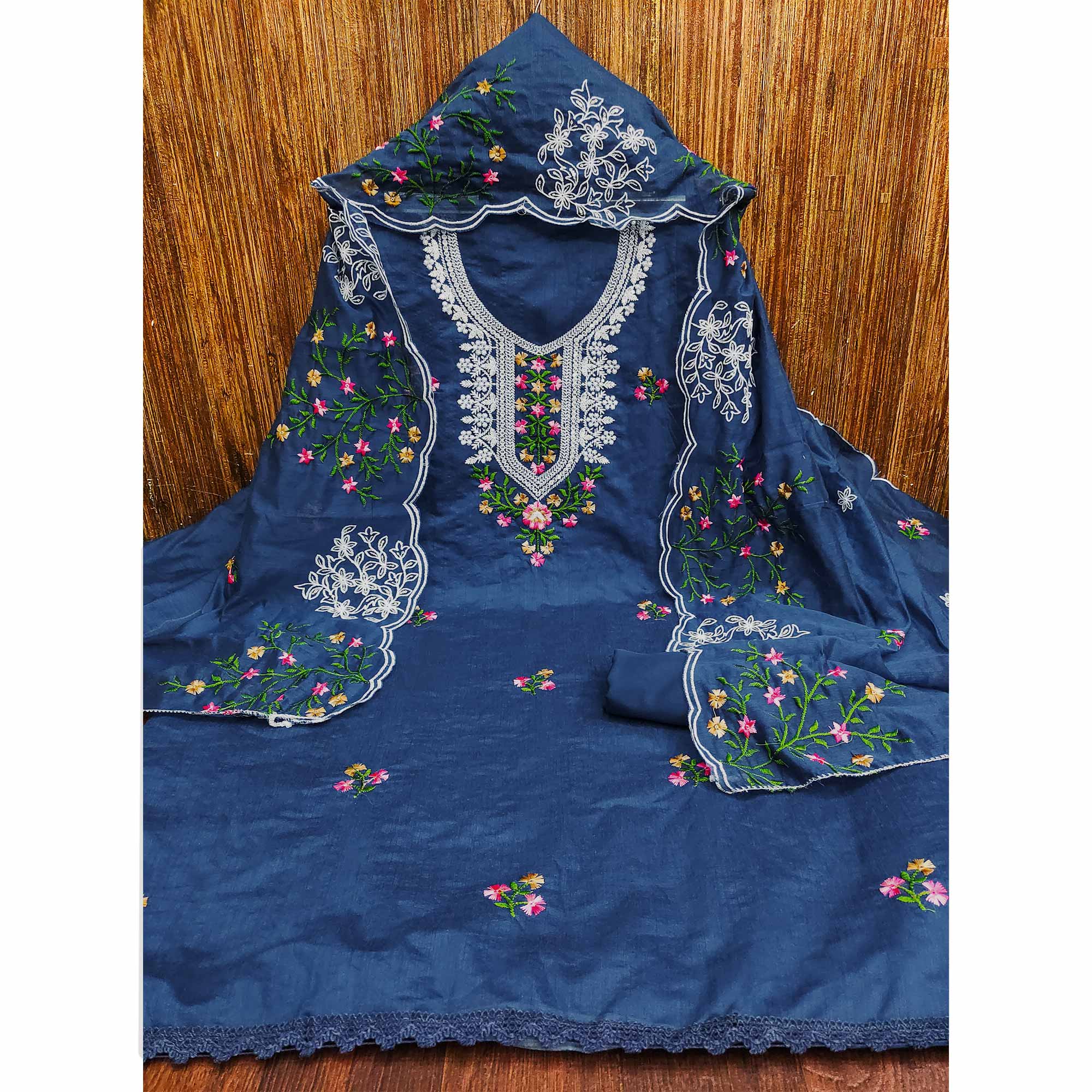 Blue Floral Embroidered Chanderi Dress Material