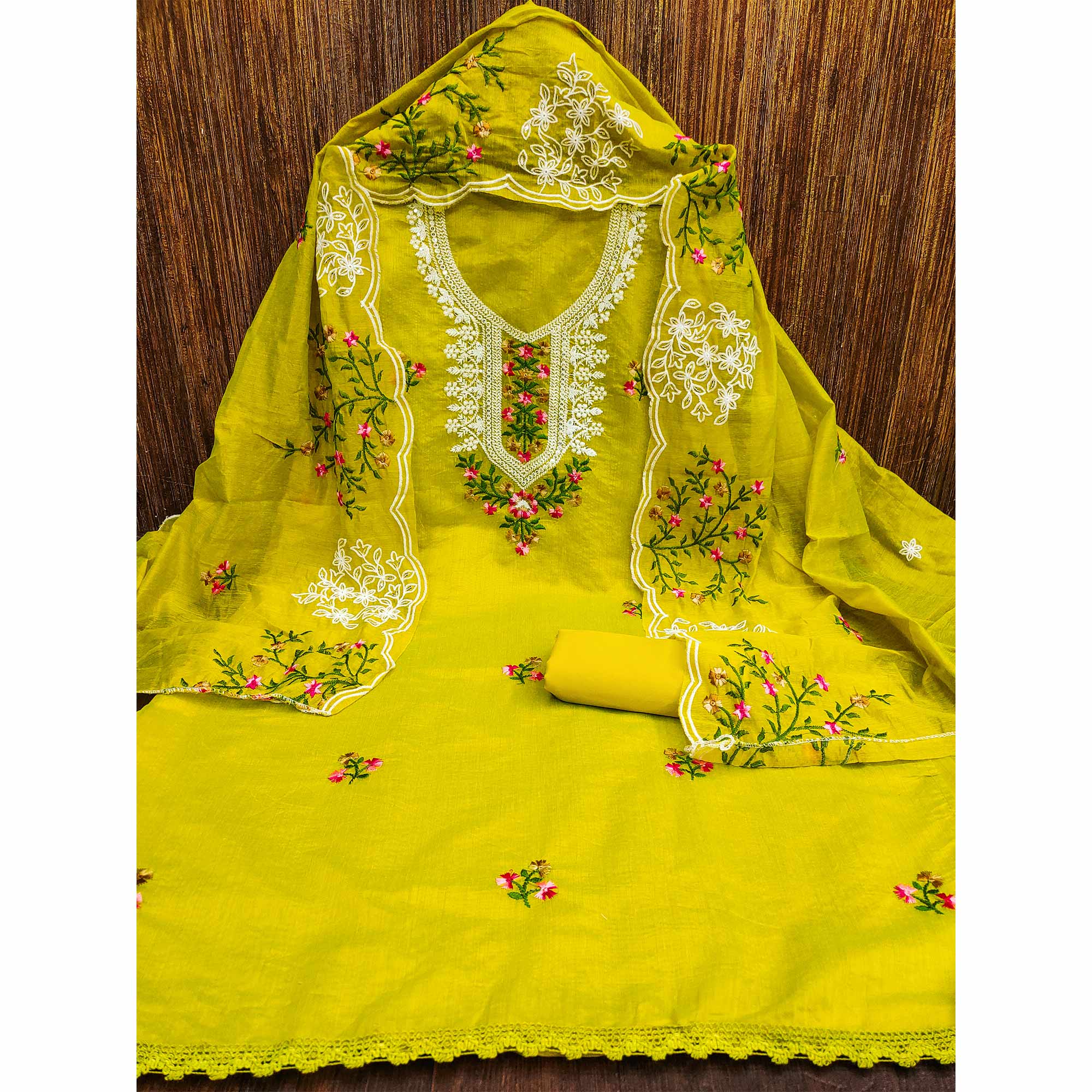 Green Floral Embroidered Chanderi Dress Material