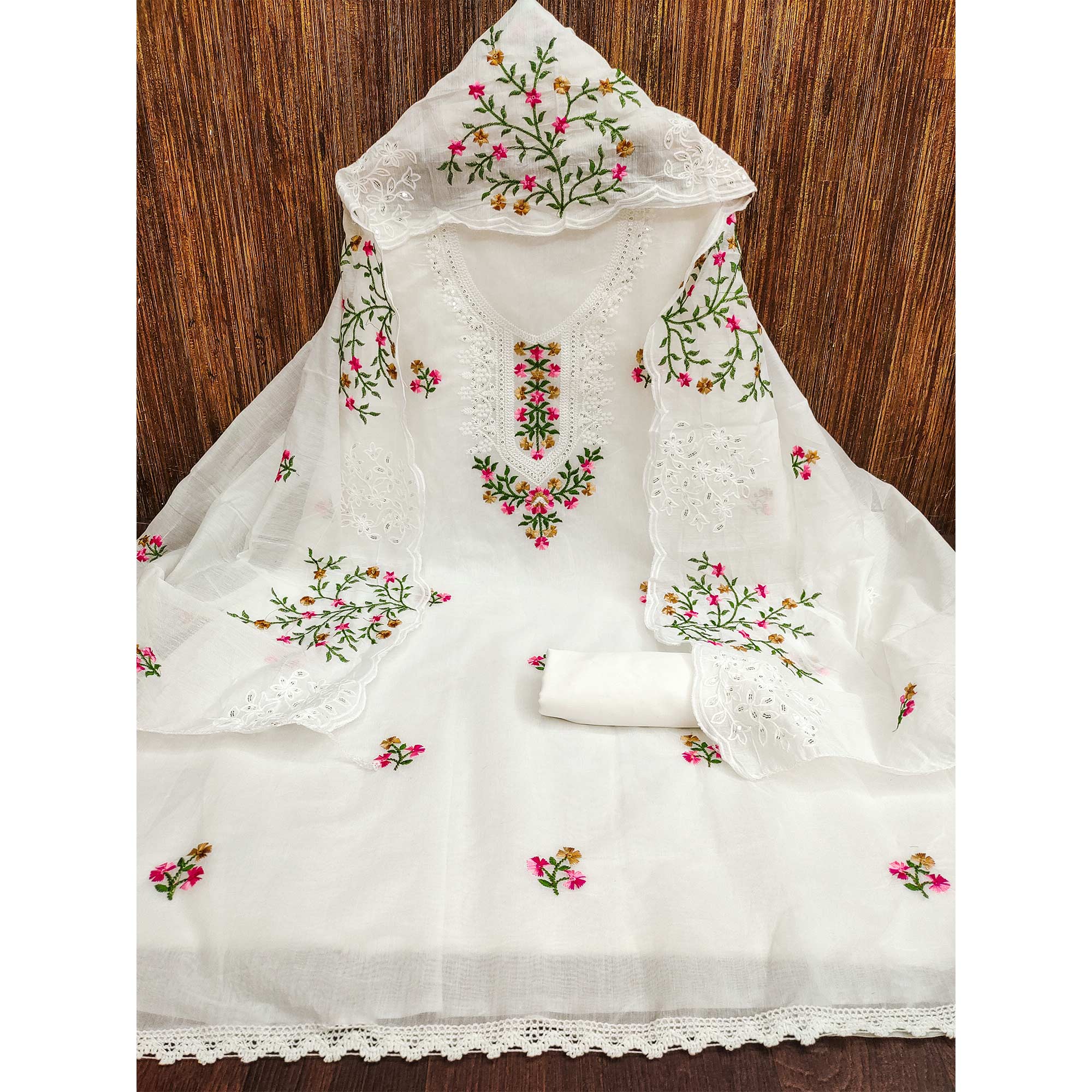 White Floral Embroidered Chanderi Dress Material