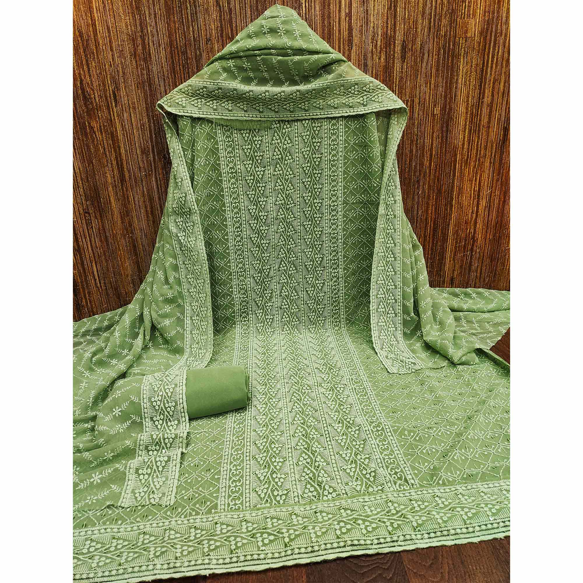 Green Embroidered Georgette Dress Material