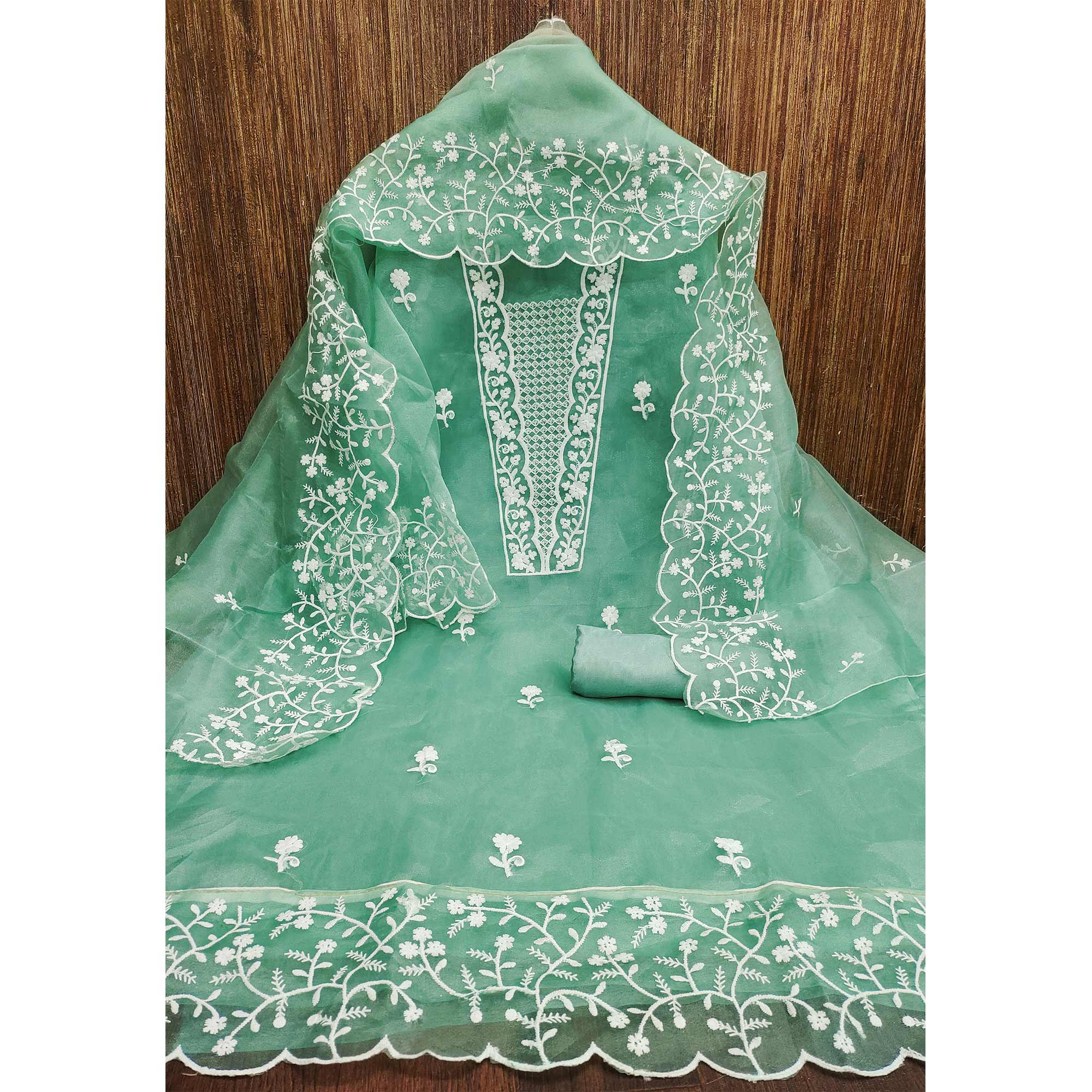 Cotton Sea Green Floral Woven Dress Material main image 0