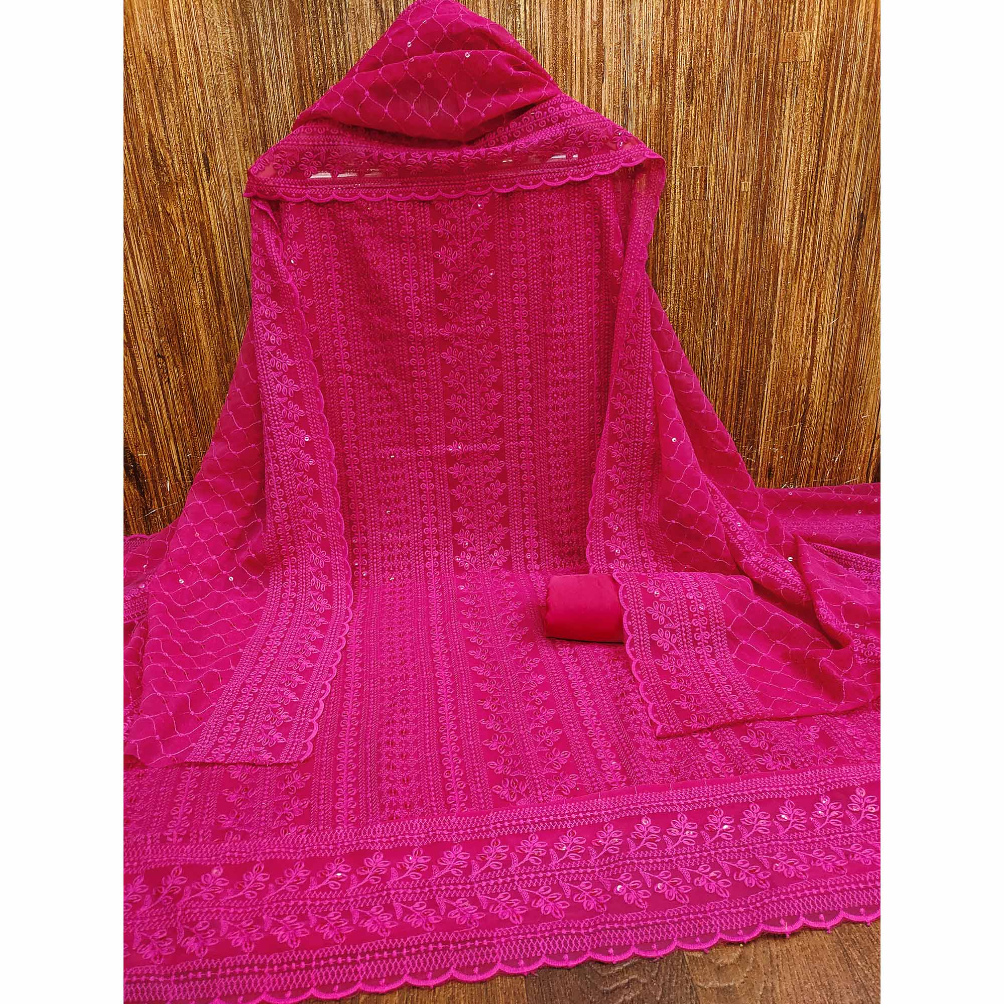 Pink Lucknowi Embroidered Georgette Dress Material