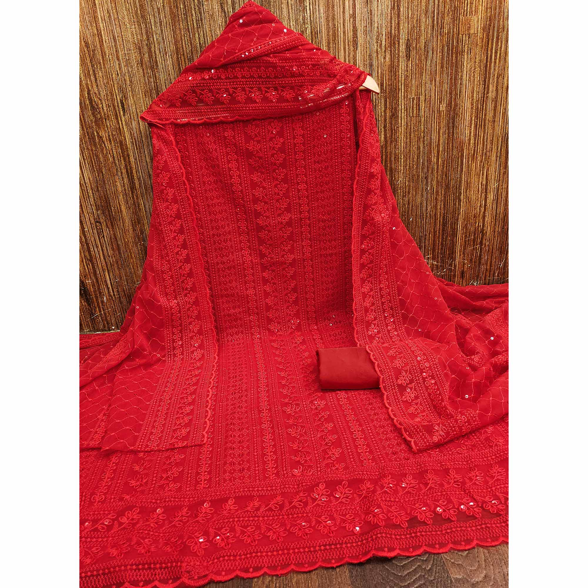 Red Lucknowi Embroidered Georgette Dress Material
