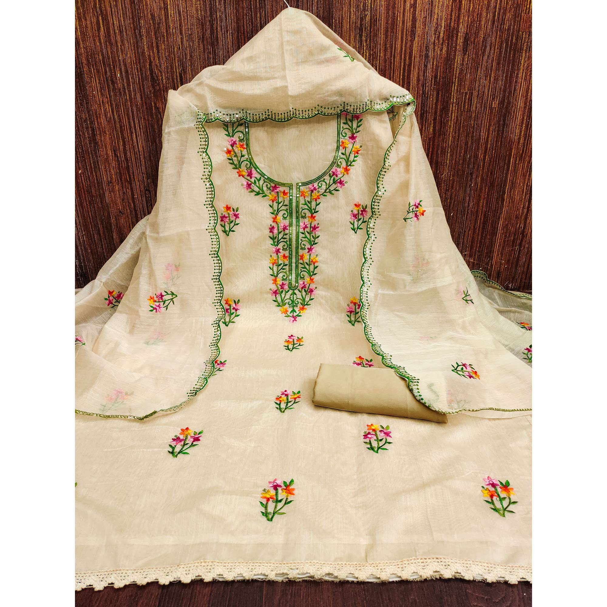 Beige Floral Embroidered Chanderi Dress Material