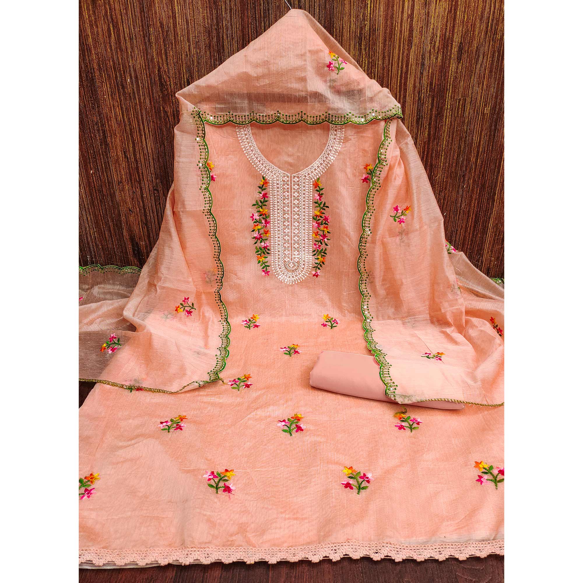 Peach Floral Embroidered Chanderi Dress Material