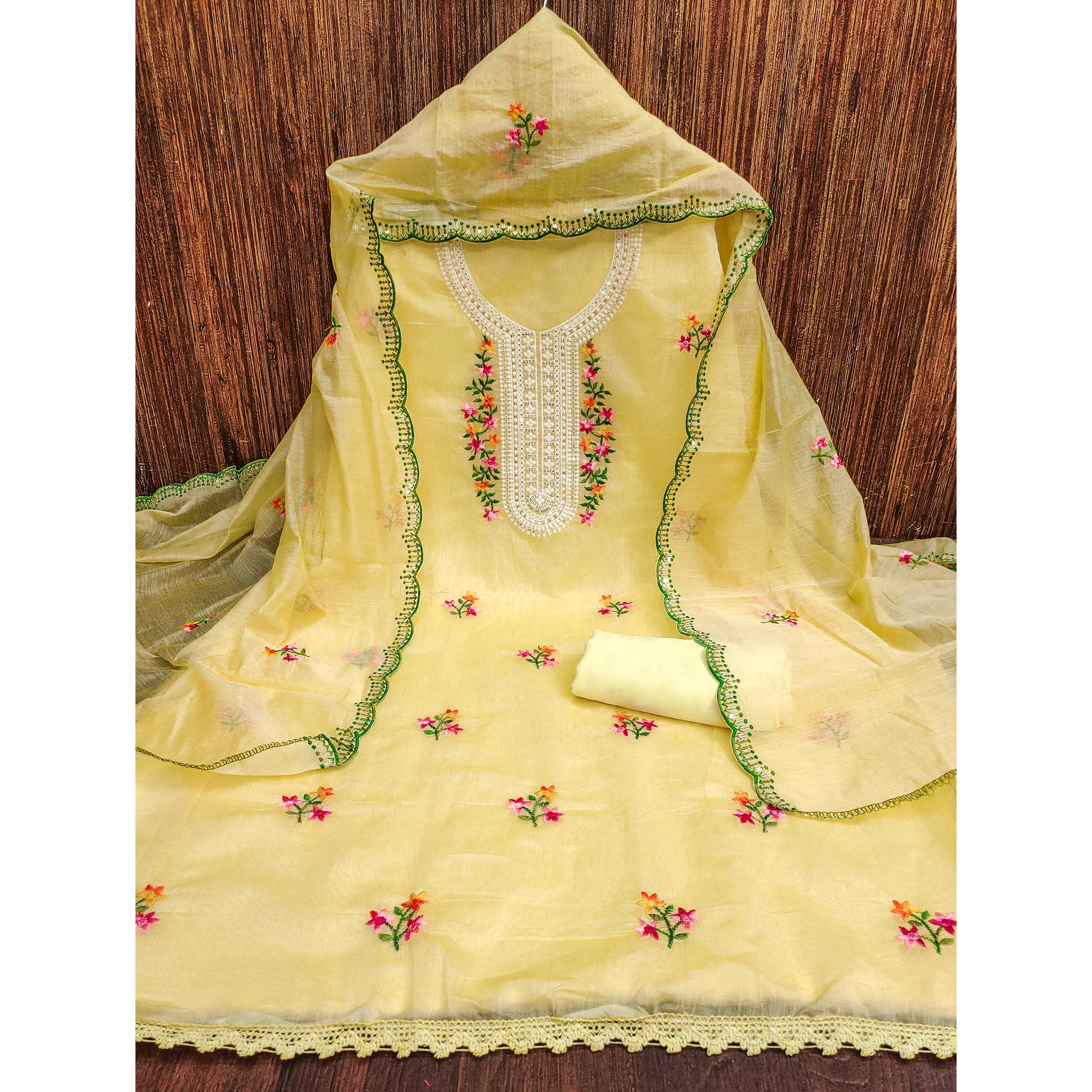Yellow Floral Embroidered Chanderi Dress Material