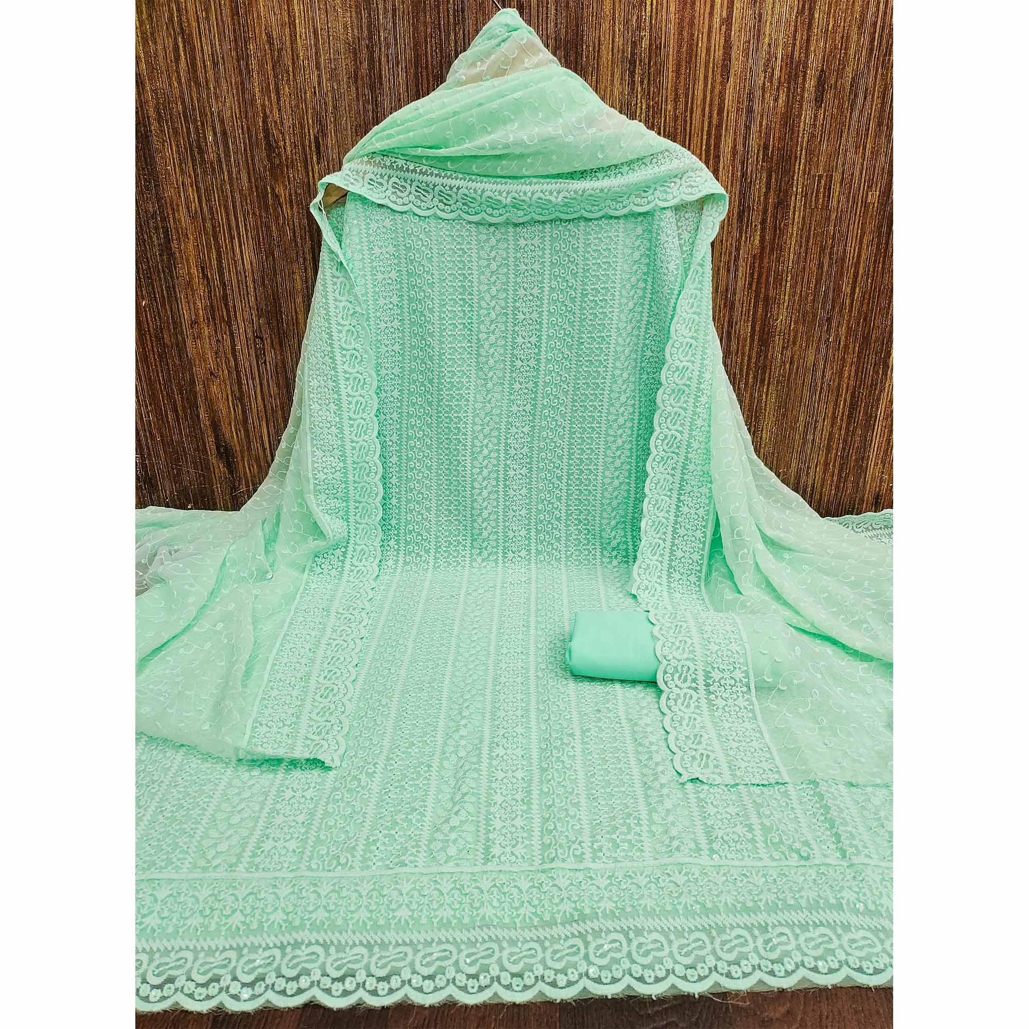 Sea Green Embroidered Georgette Dress Material