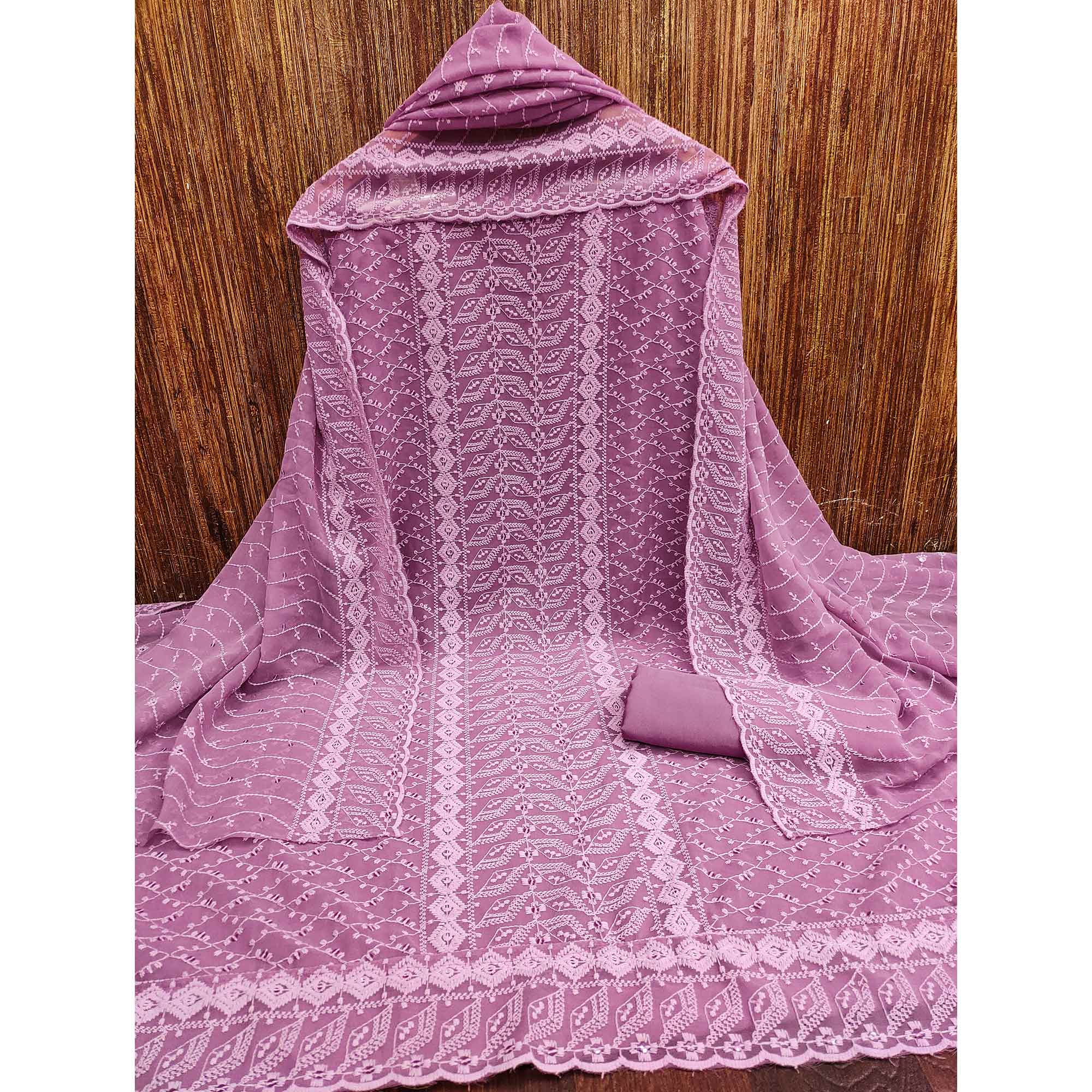 Purple Lucknowi Embroidered Georgette Dress Material