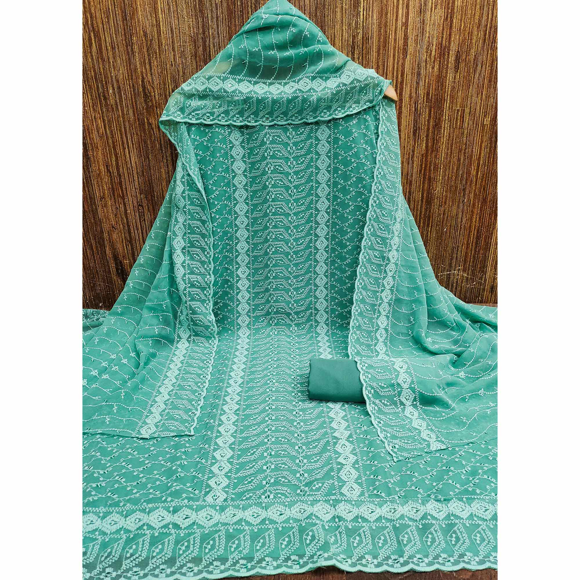 Turquoise Lucknowi Embroidered Georgette Dress Material