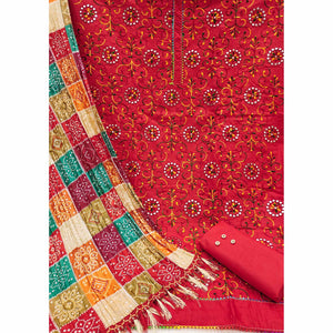 Red Floral Embroidered Cotton Blend Dress Material