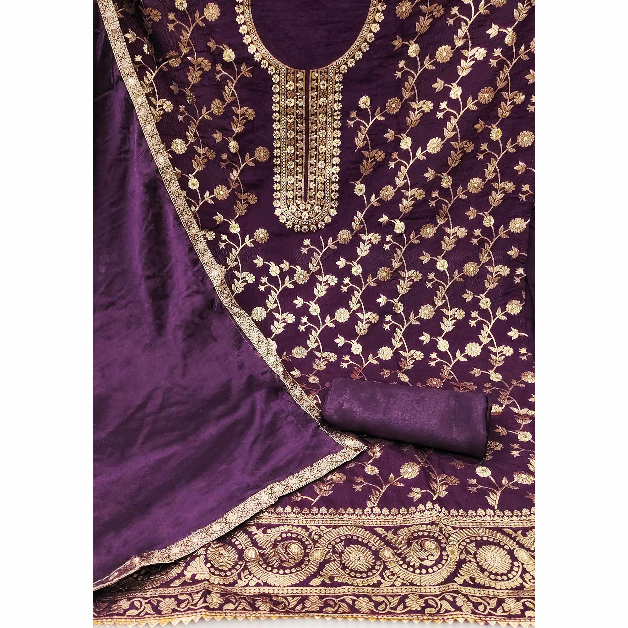 Purple Floral Woven Jacquard Dress Material