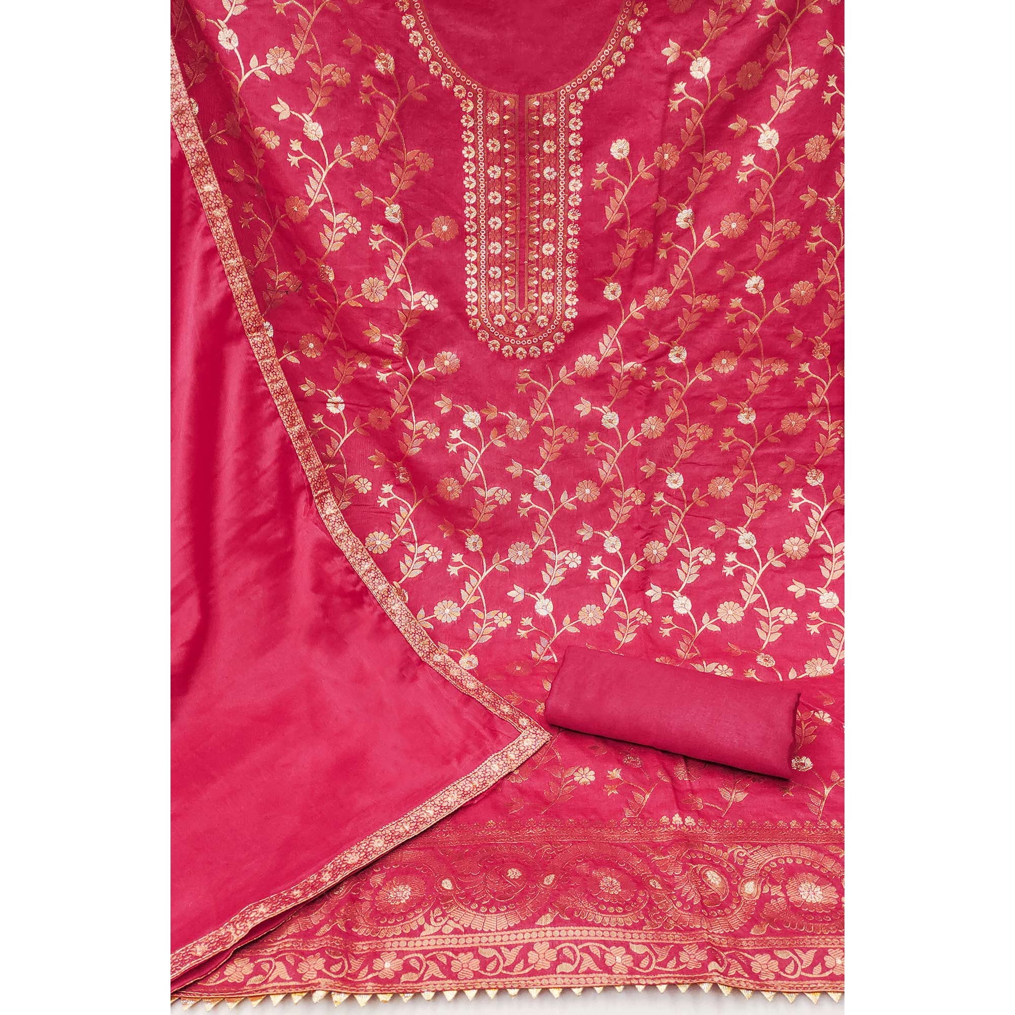 Rani Pink Floral Woven Jacquard Dress Material