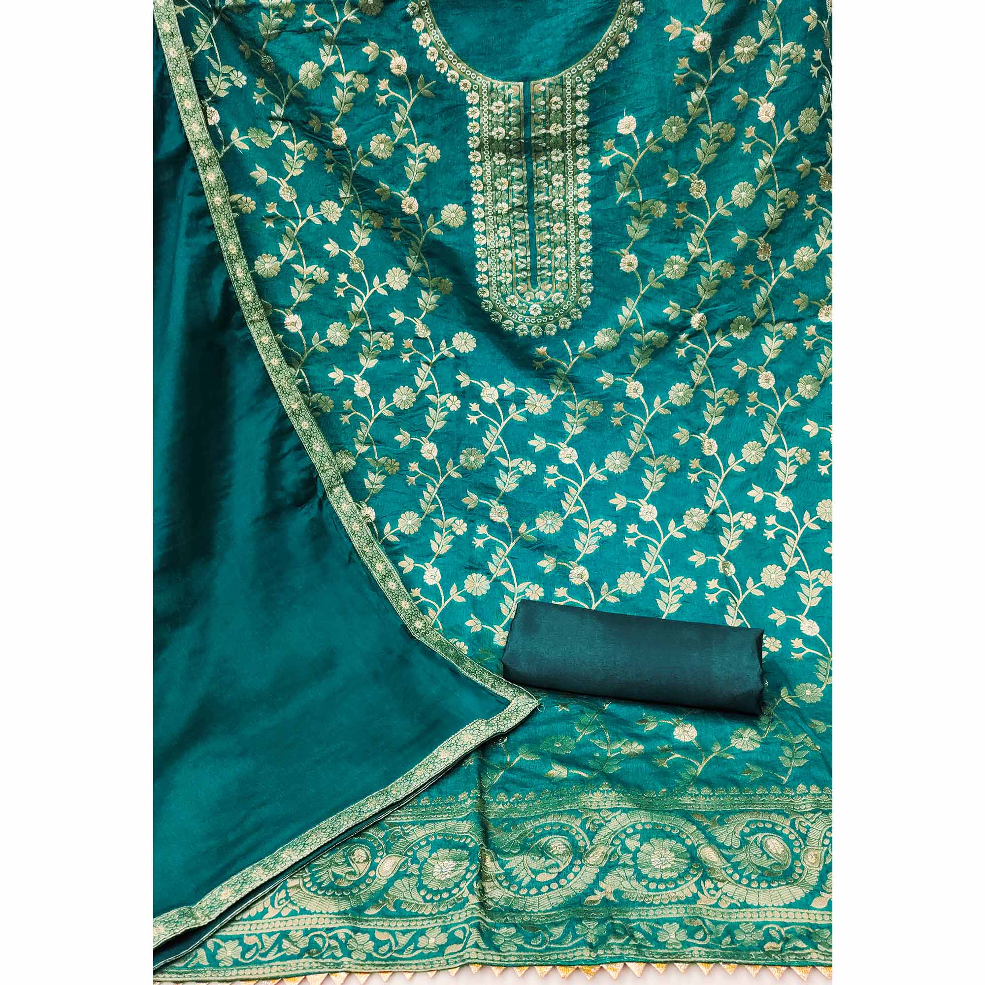 Teal Floral Woven Jacquard Dress Material