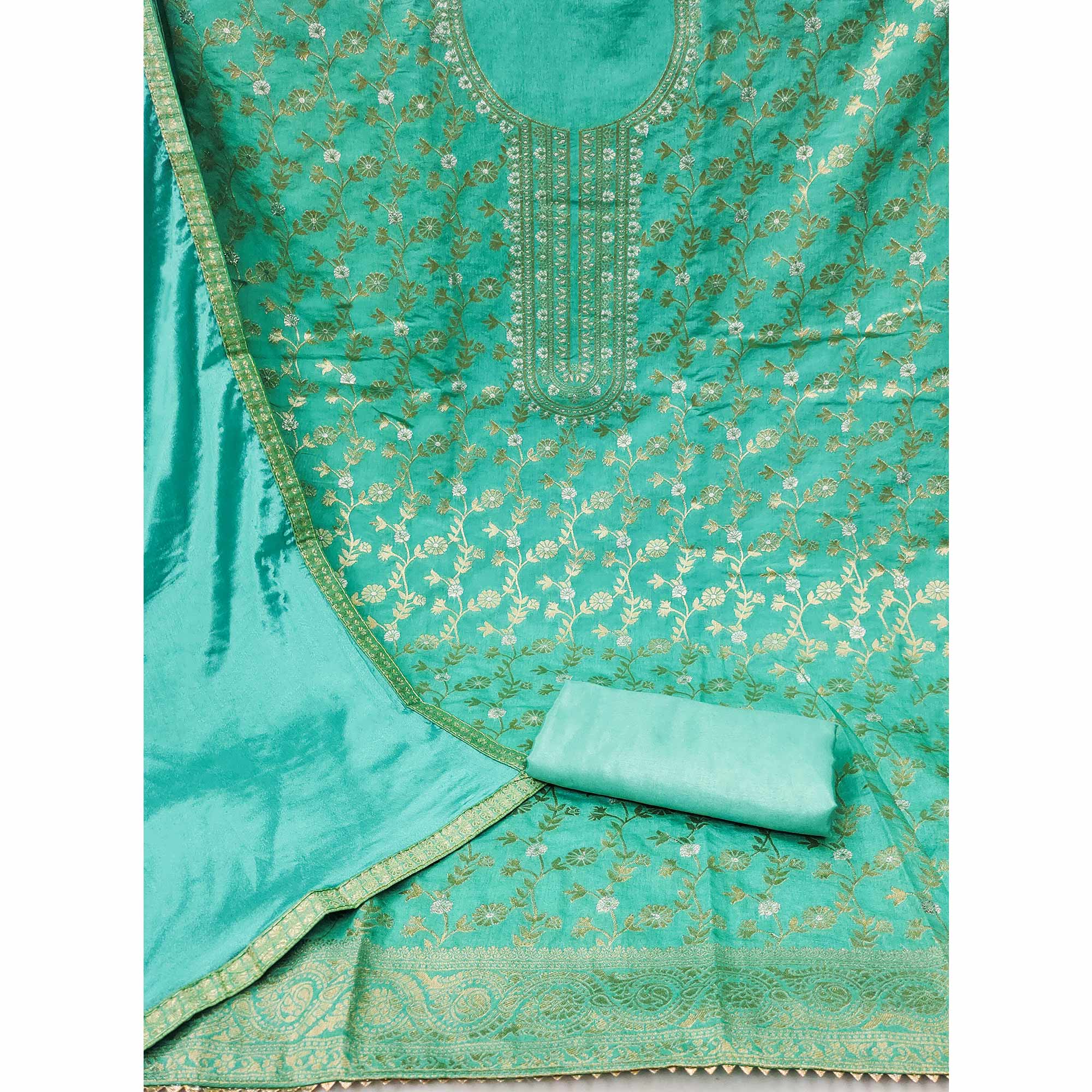 Turquoise Floral Woven Jacquard Dress Material