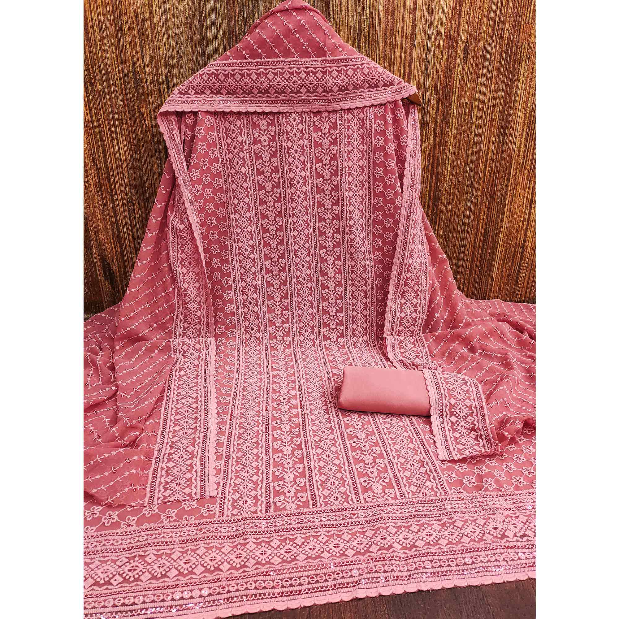 Gajari Pink Floral Sequins Embroidered Georgette Dress Material