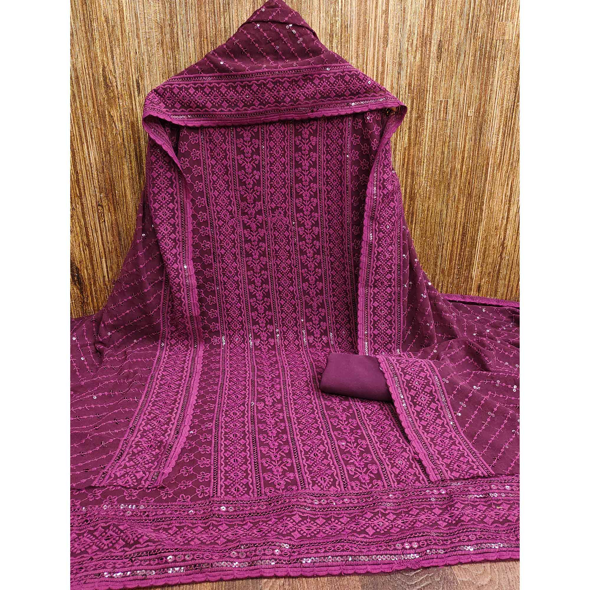 Wine Floral Sequins Embroidered Georgette Dress Material