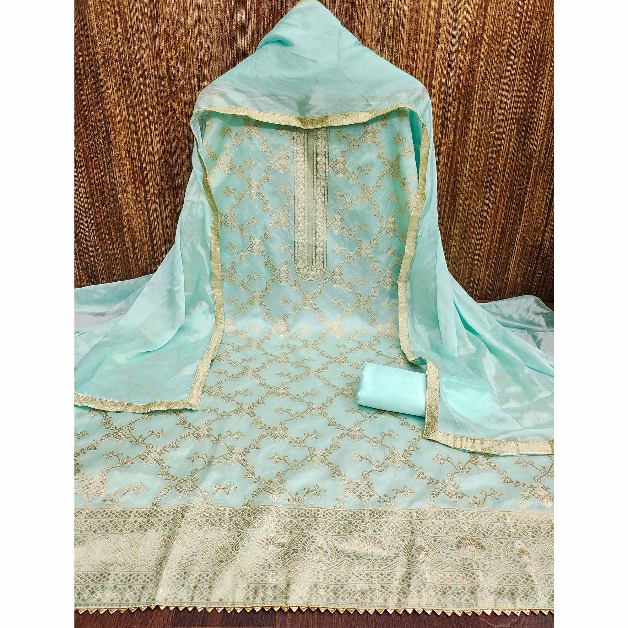 Pale Turquoise Floral Woven Banarasi Jacquard Dress Material