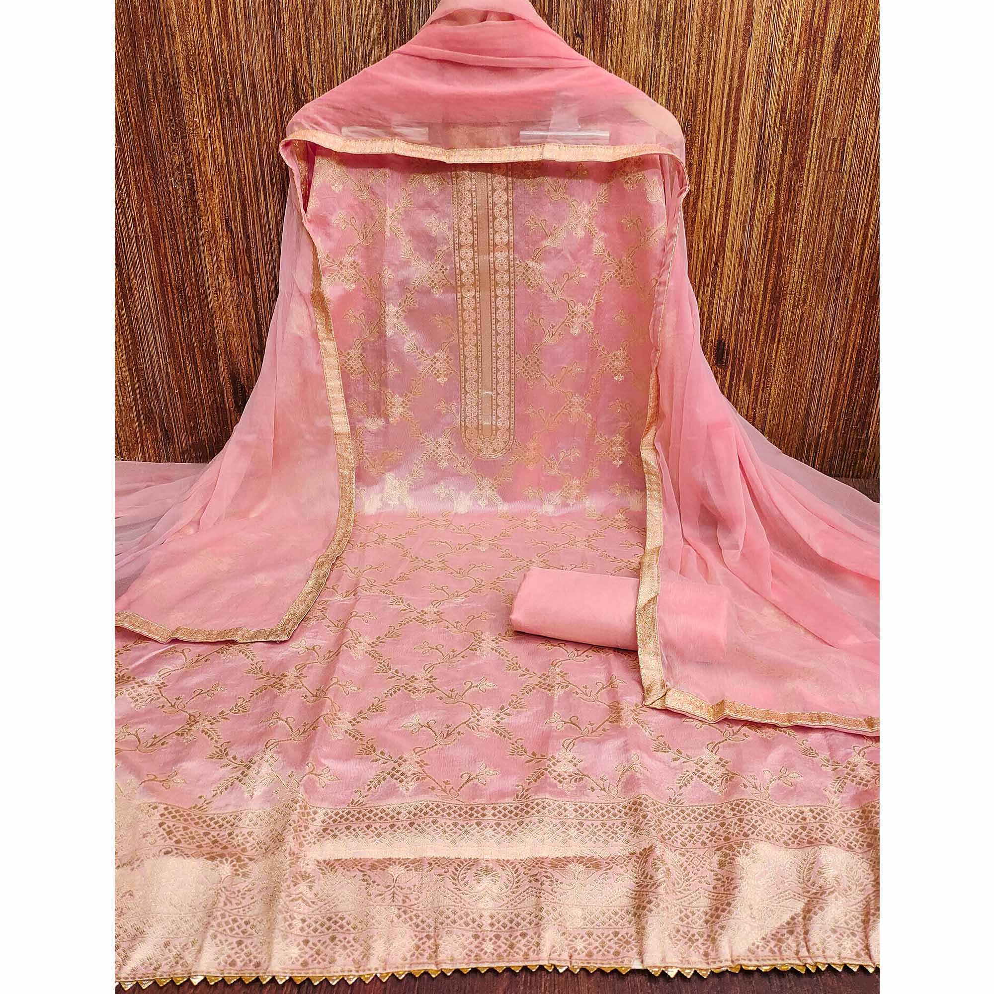 Pink Floral Woven Banarasi Jacquard Dress Material