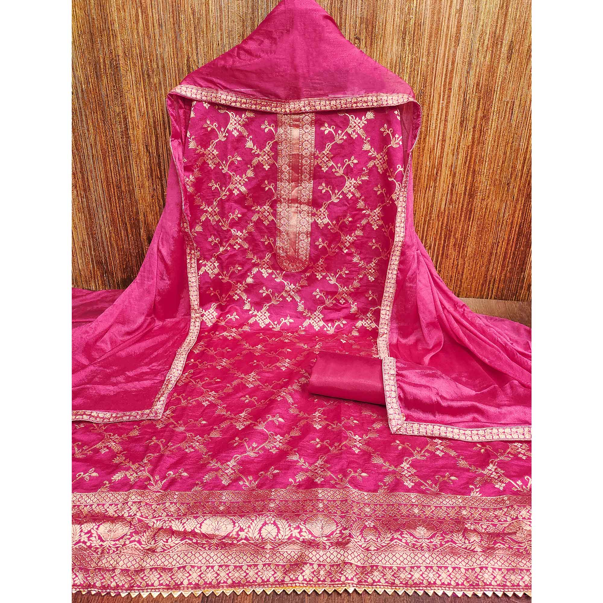 Rani Pink Floral Woven Banarasi Jacquard Dress Material