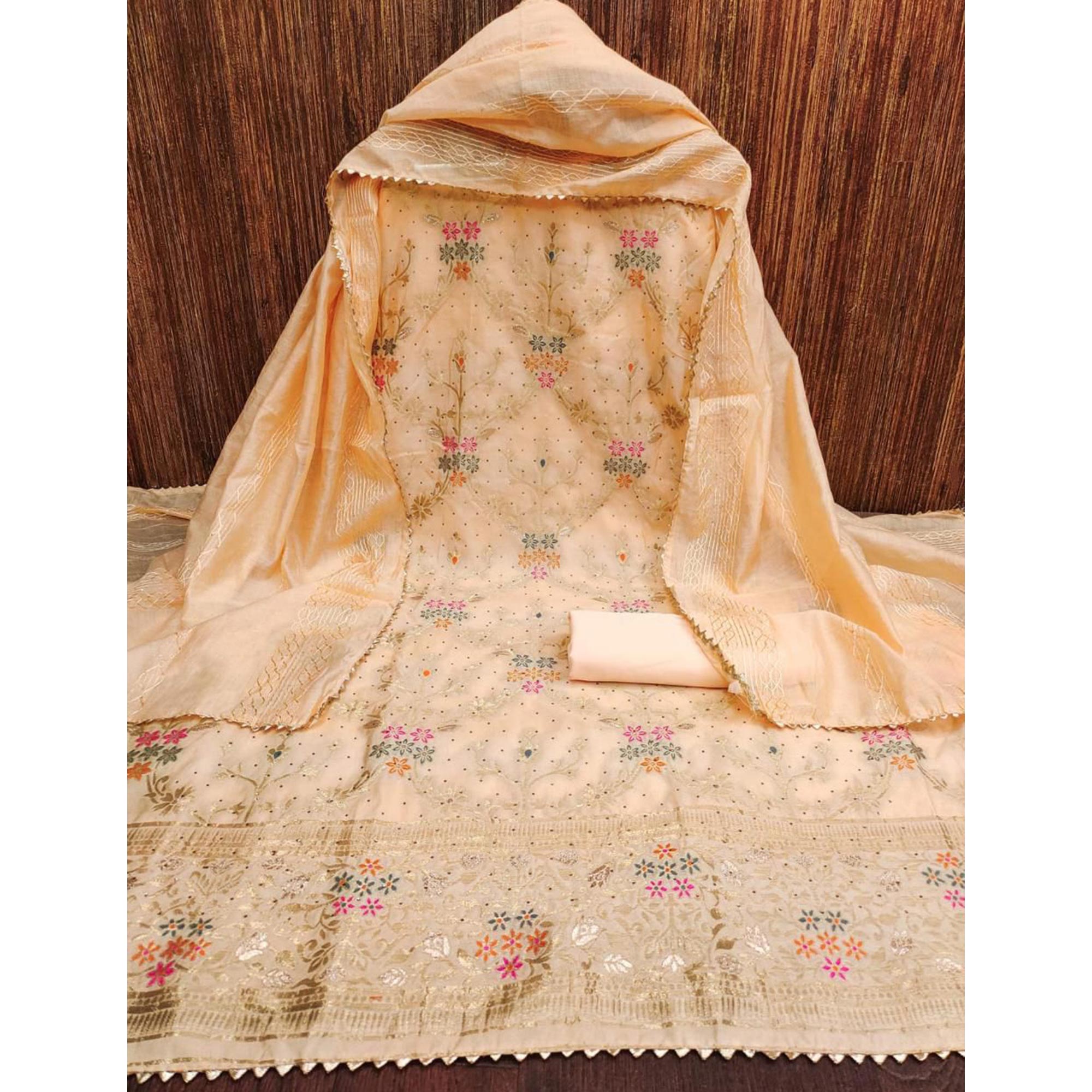 Light Peach Floral Woven Banarasi Jacquard Dress Material