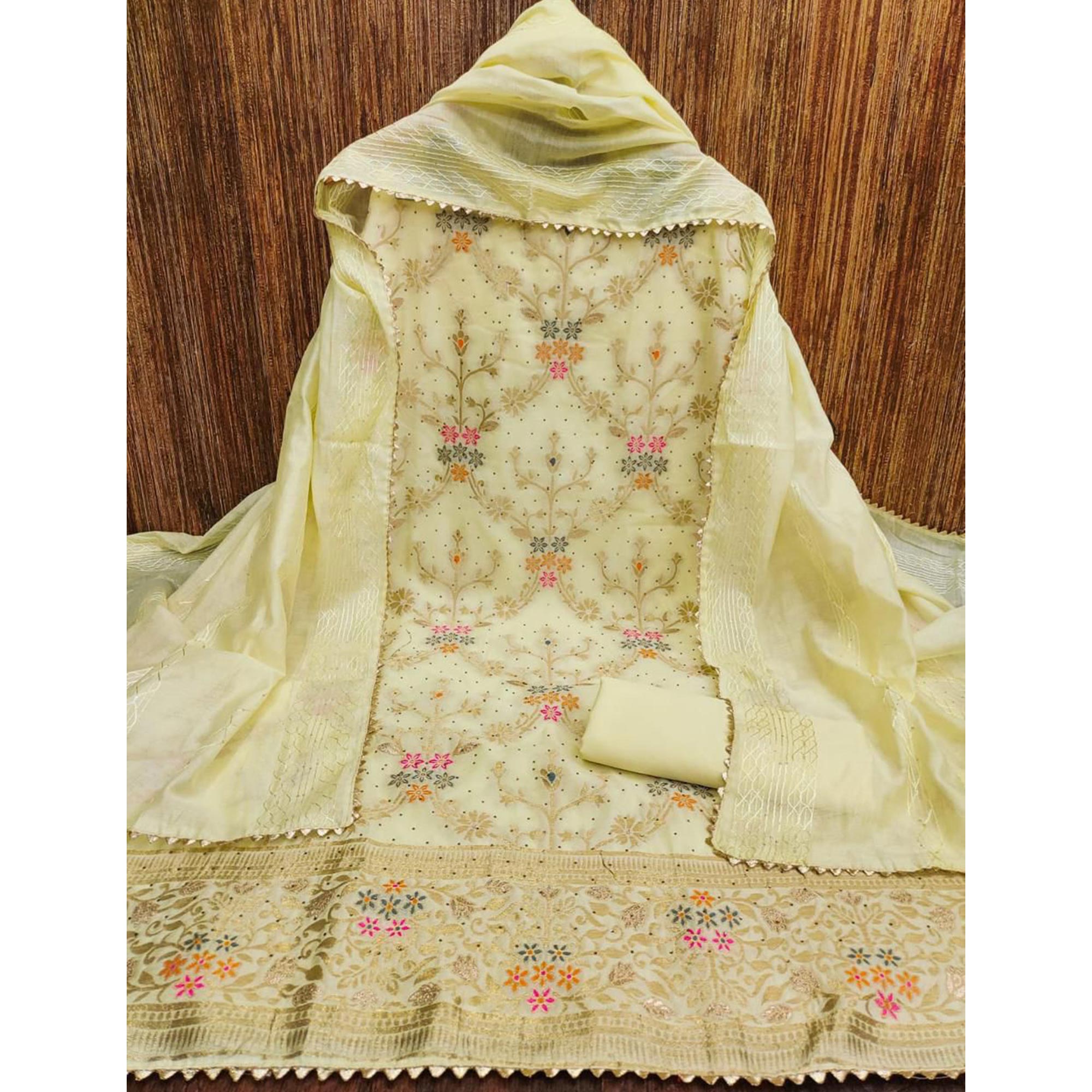 Light Yellow Floral Woven Banarasi Jacquard Dress Material