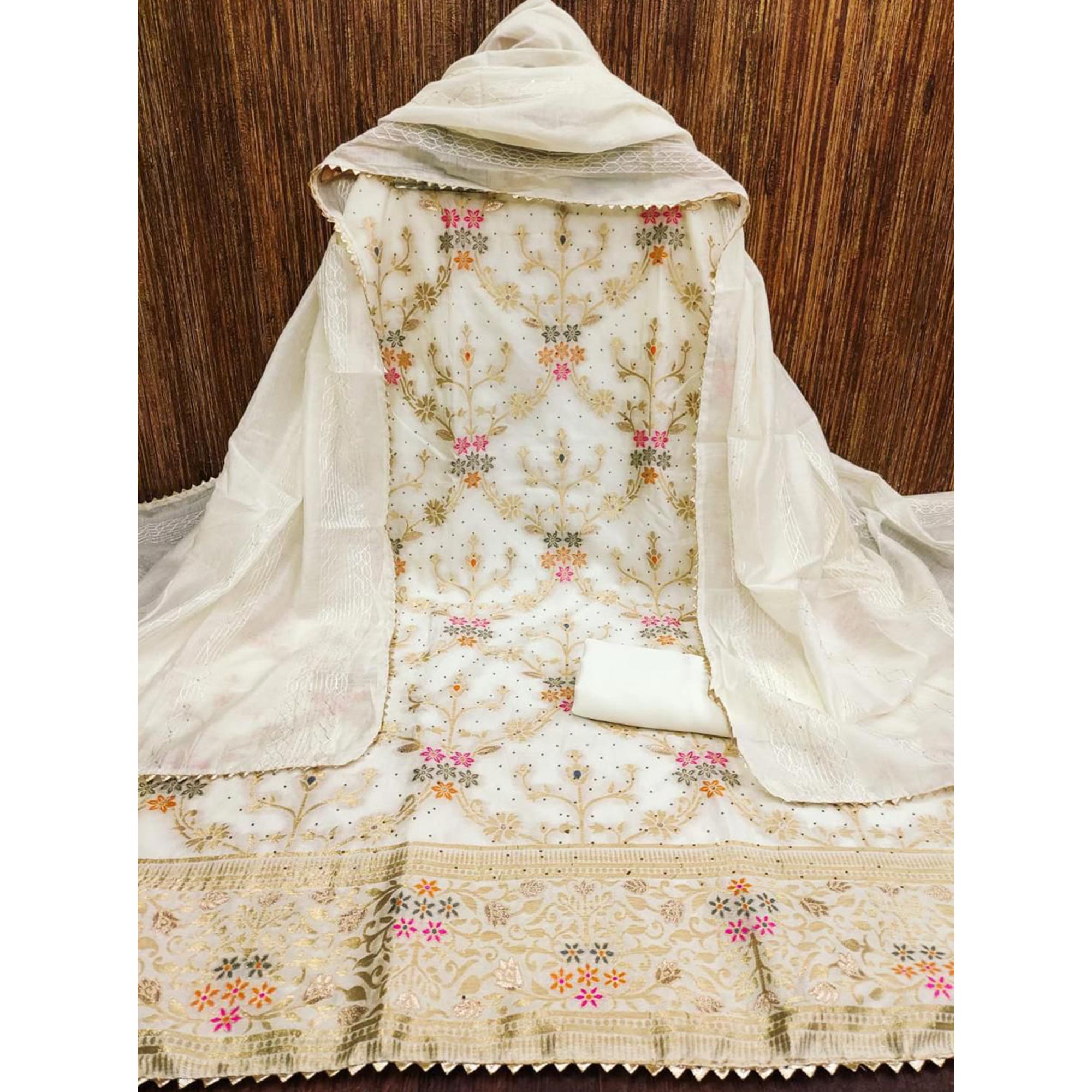 Offwhite Floral Woven Banarasi Jacquard Dress Material