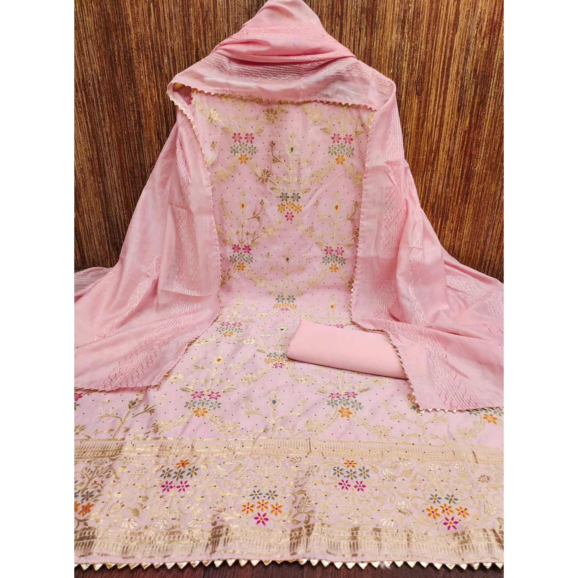 Pink Floral Woven Banarasi Jacquard Dress Material