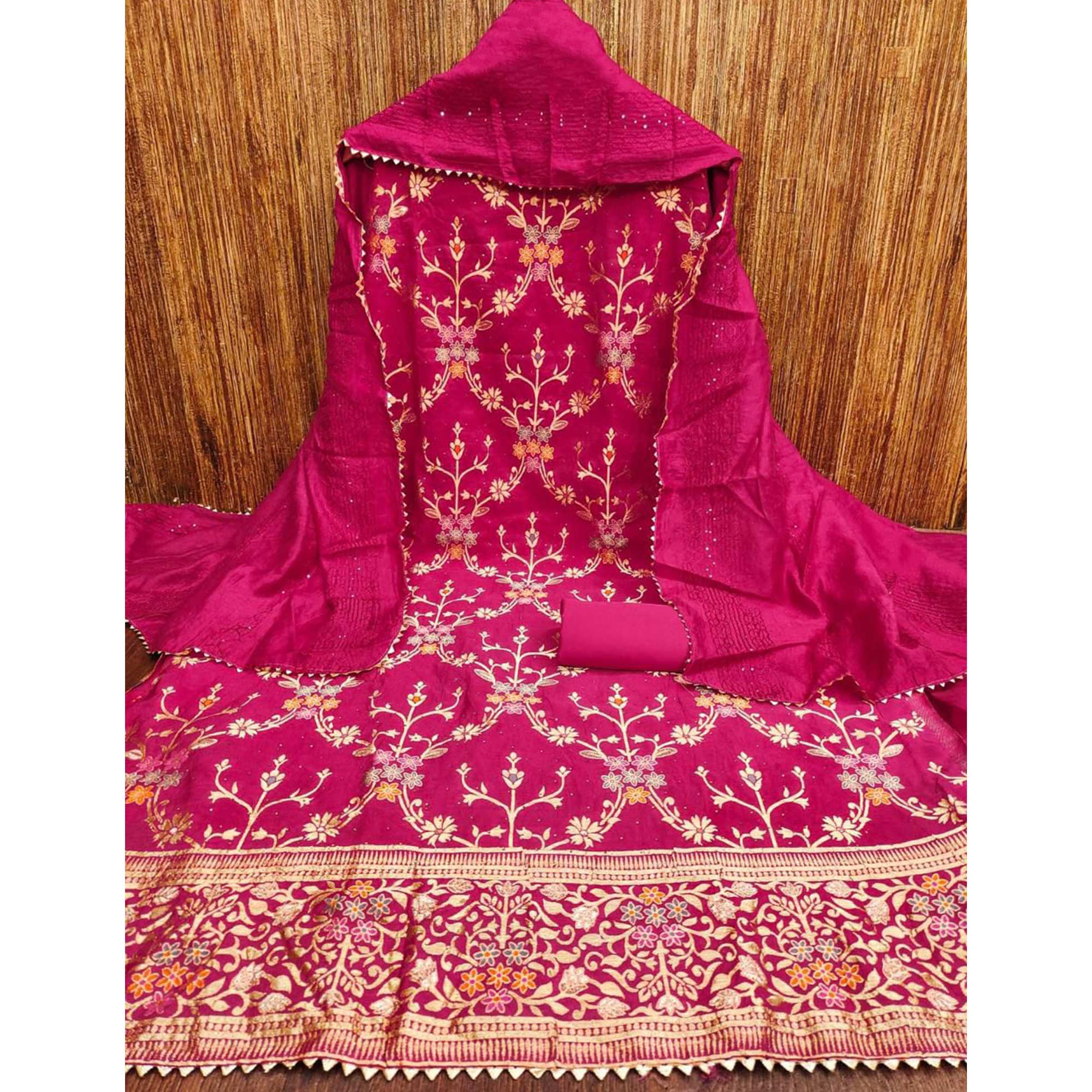 Rani Pink Floral Woven Banarasi Jacquard Dress Material