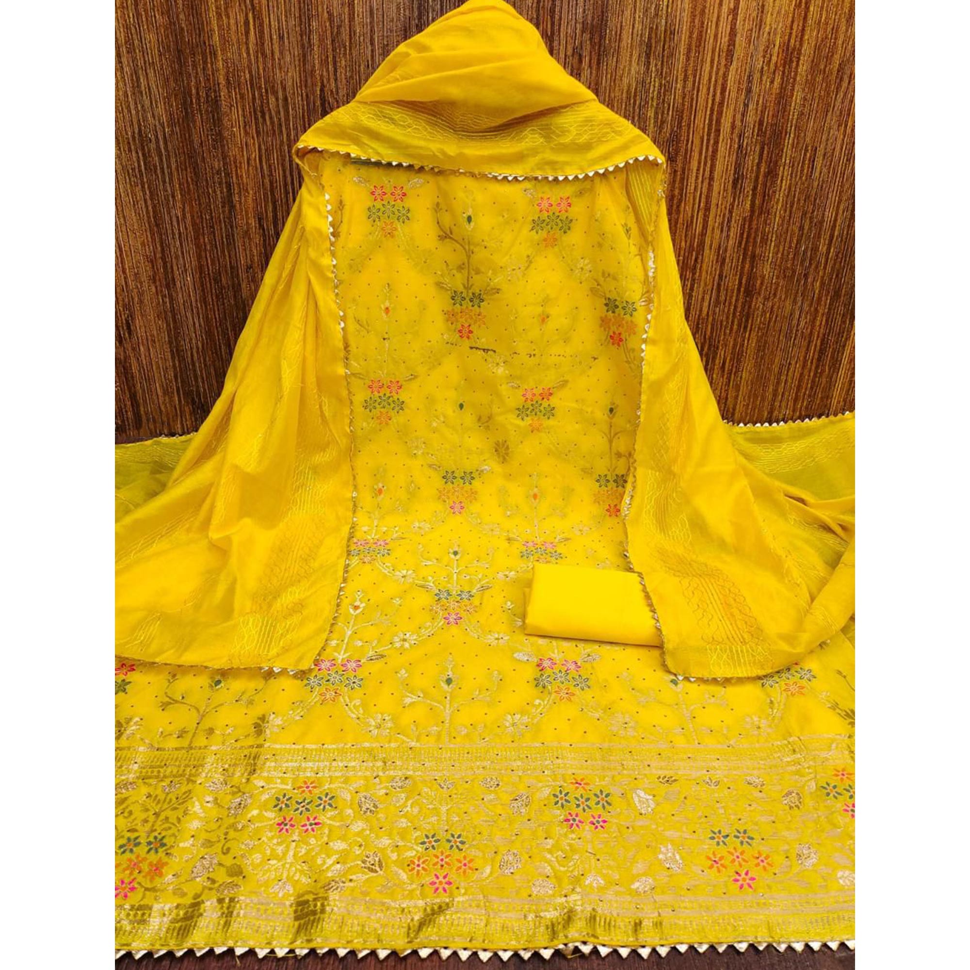 Yellow Floral Woven Banarasi Jacquard Dress Material