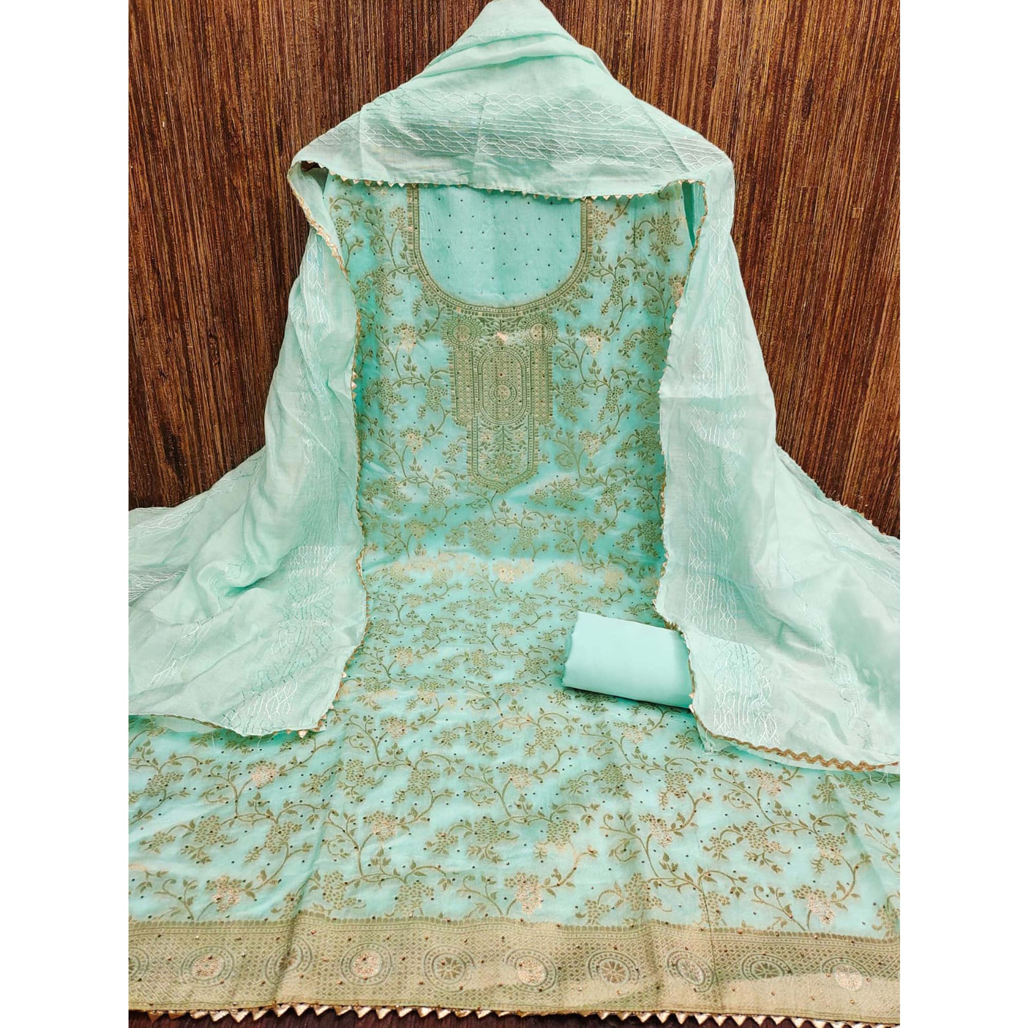 Pale Turquoise Floral Woven With Stonework Banarasi Jacquard Dress Material