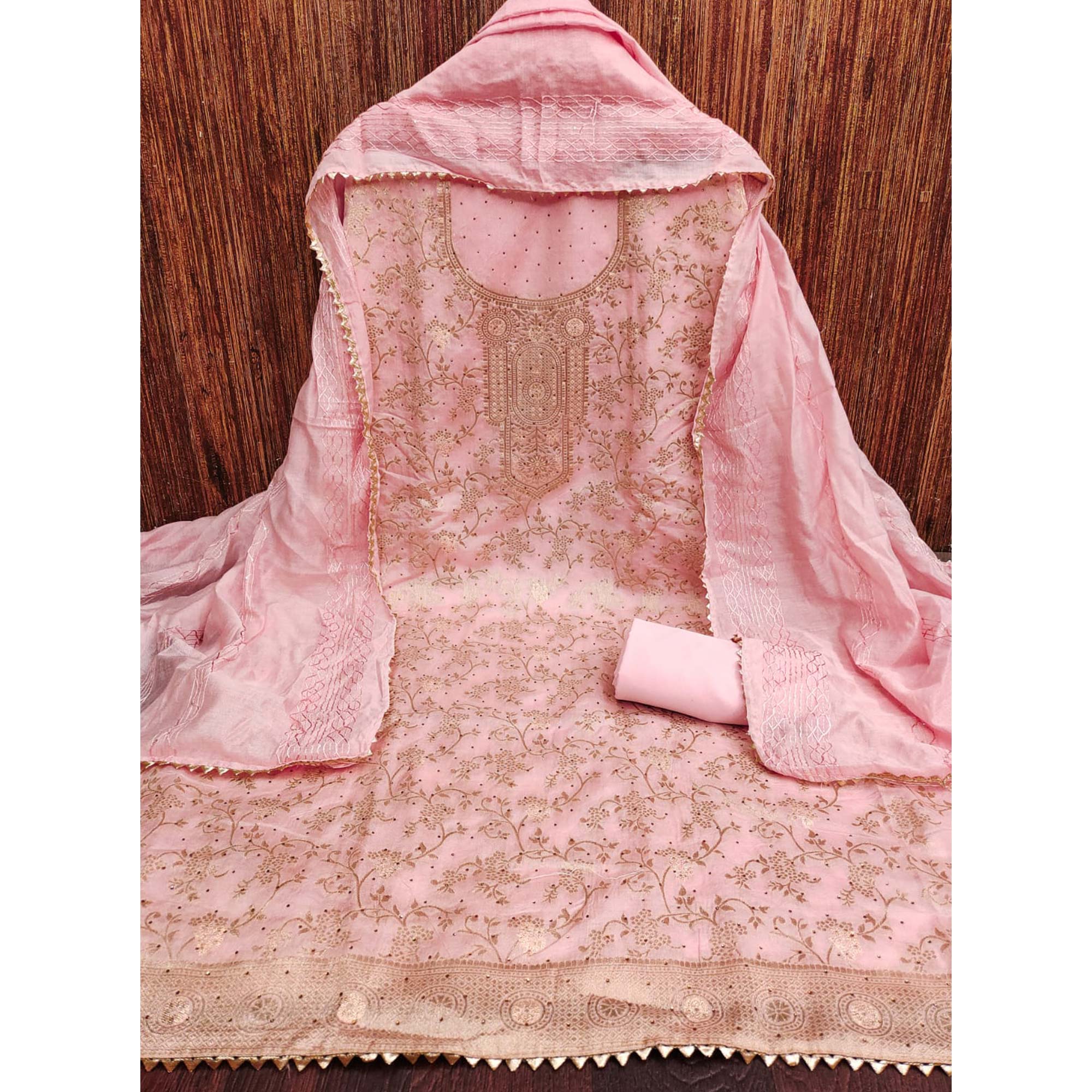 Pink Floral Woven With Stonework Banarasi Jacquard Dress Material