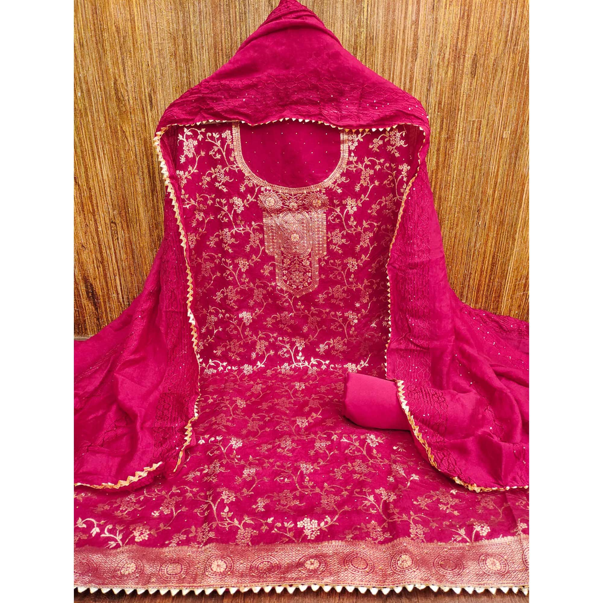 Rani Pink Floral Woven With Stonework Banarasi Jacquard Dress Material