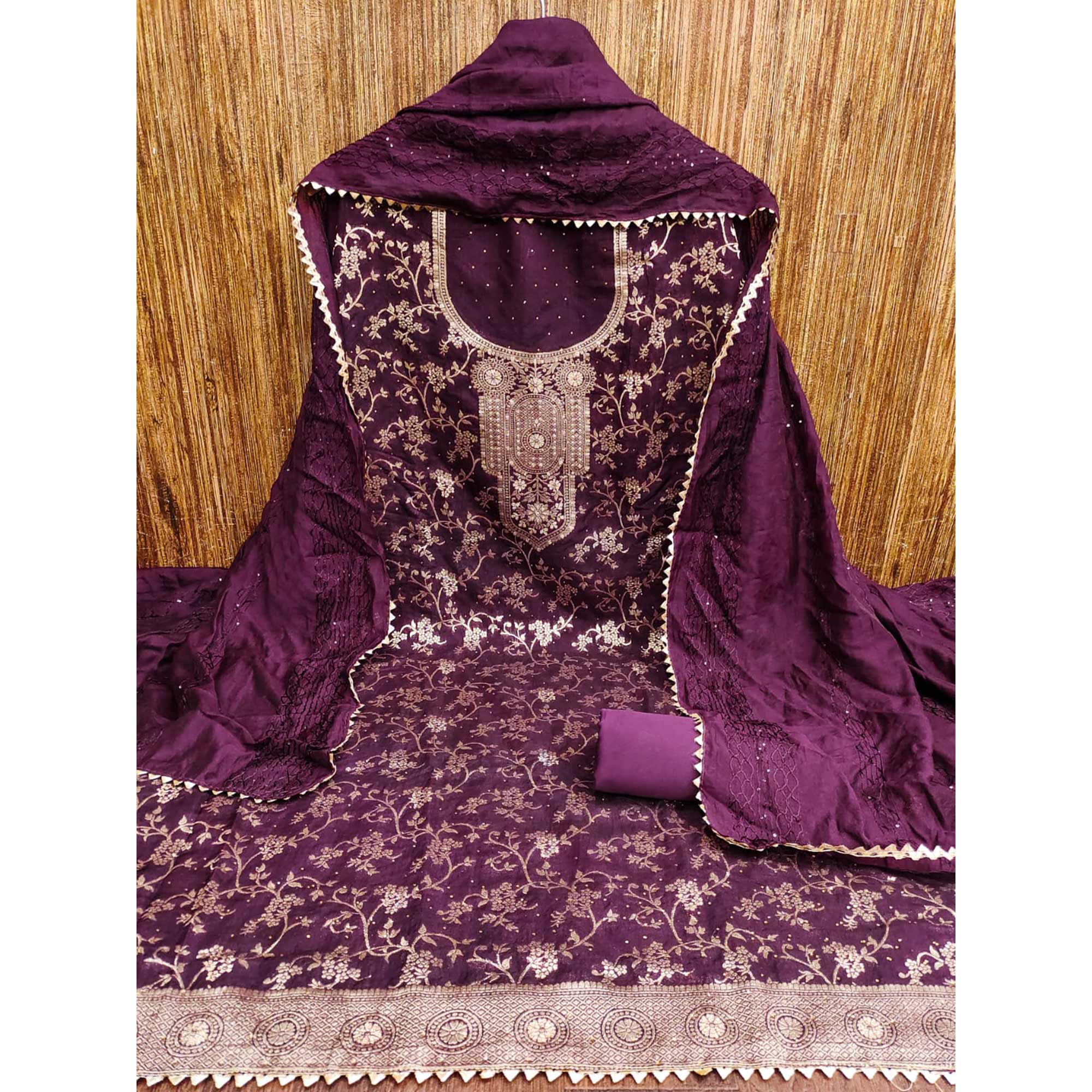 Wine Floral Woven With Stonework Banarasi Jacquard Dress Material