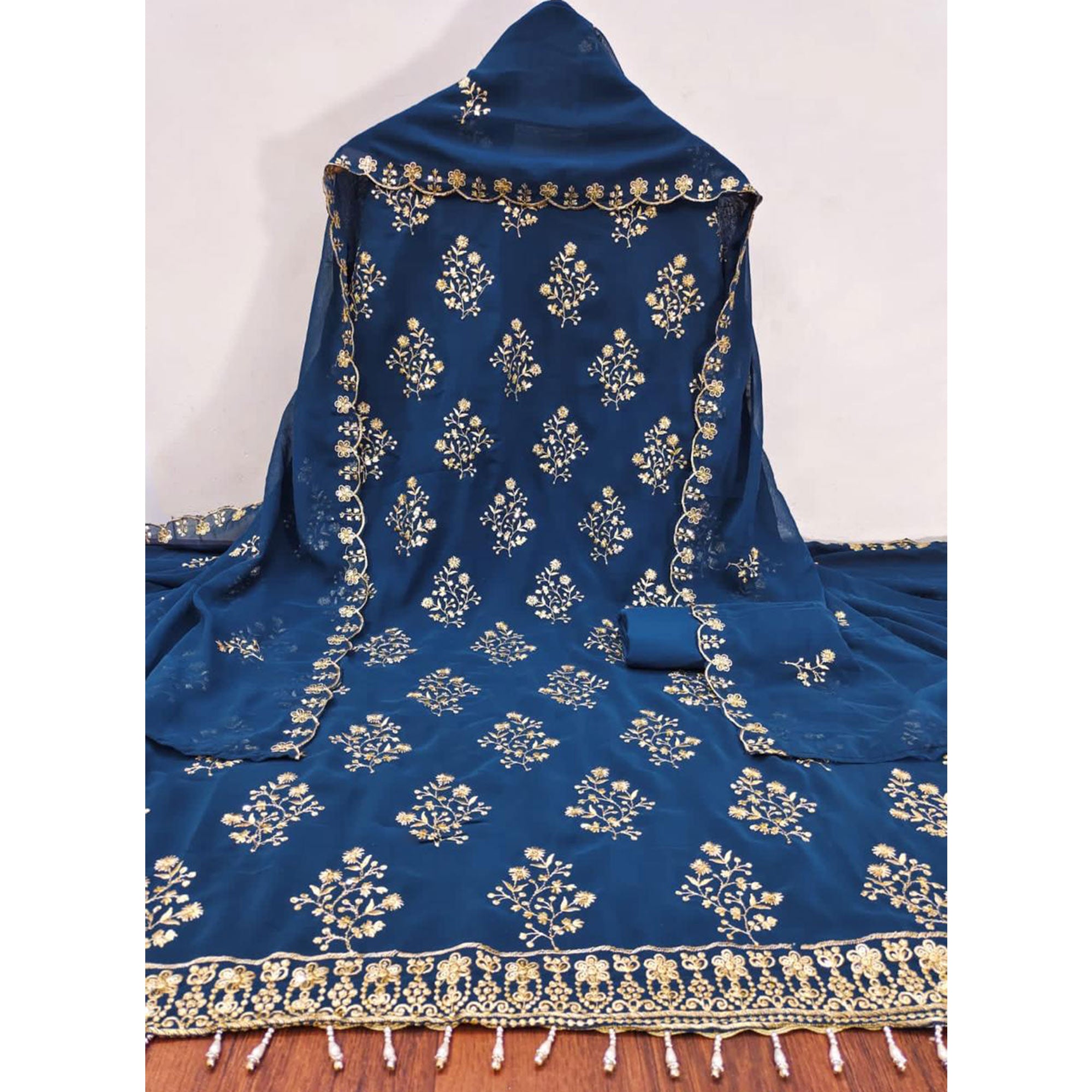 Blue Floral Sequins Embroidered Georgette Dress Material