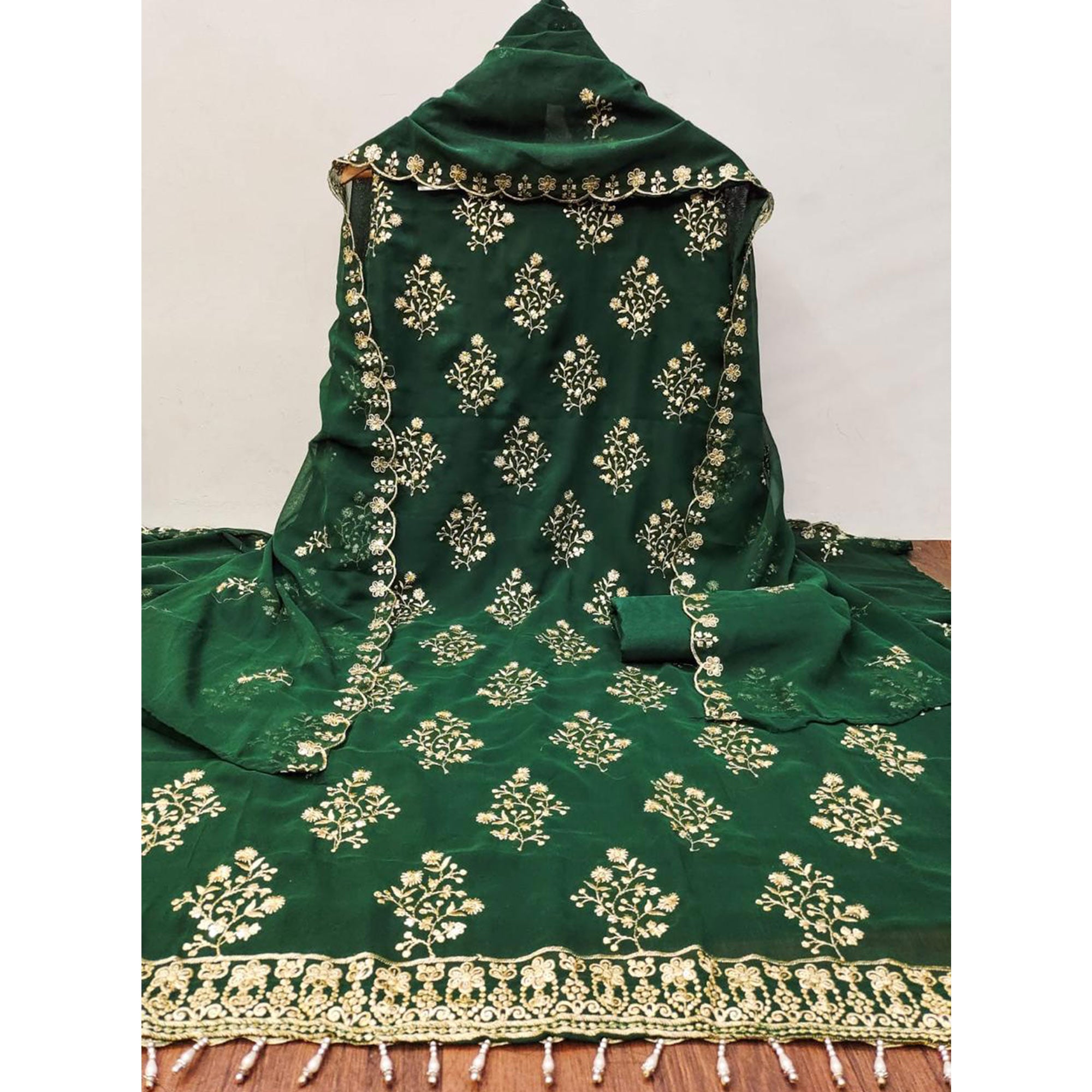 Green Floral Sequins Embroidered Georgette Dress Material