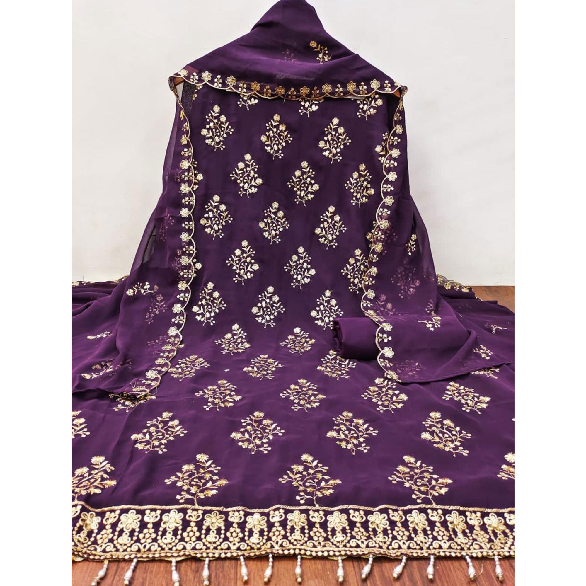 Purple Floral Sequins Embroidered Georgette Dress Material