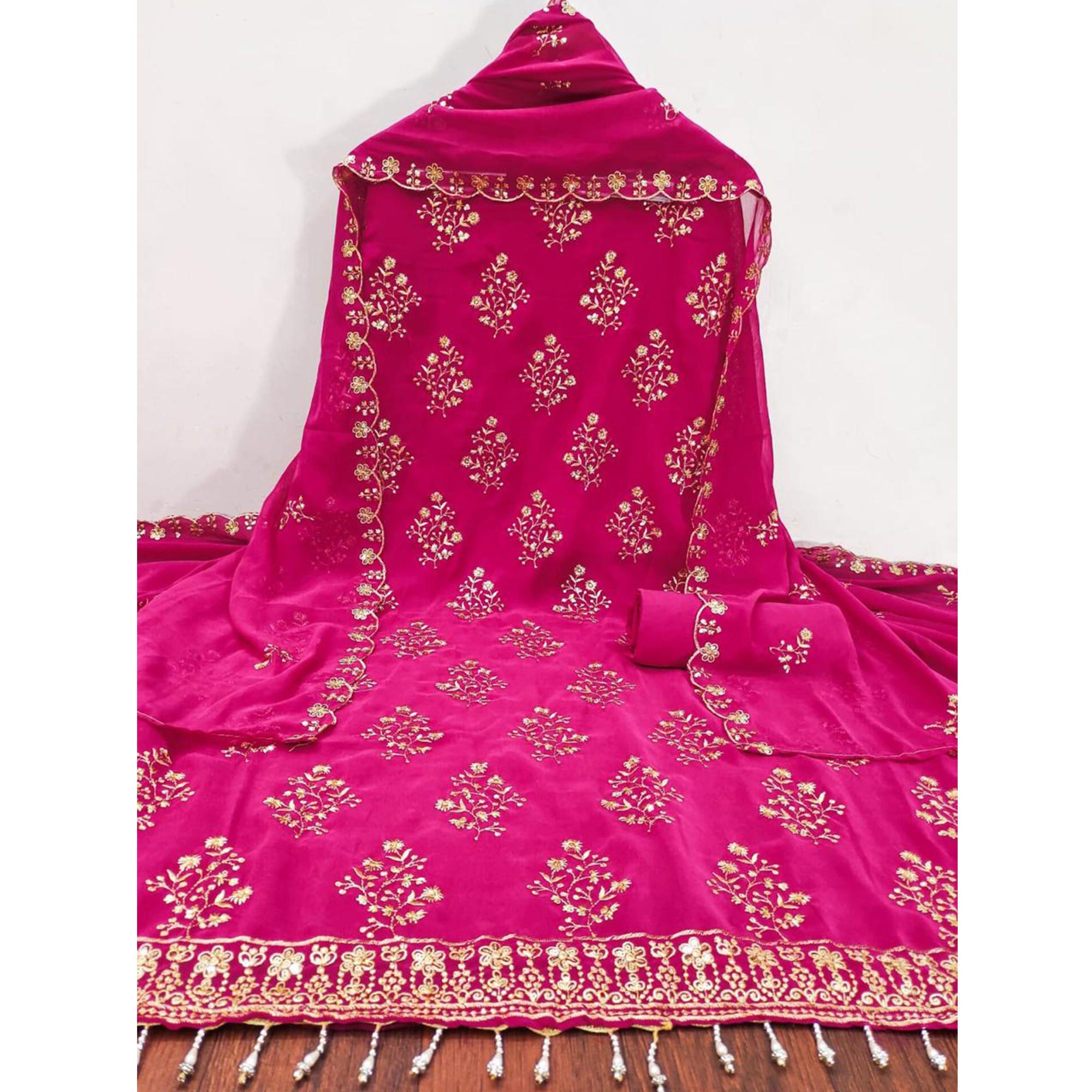 Rani Pink Floral Sequins Embroidered Georgette Dress Material