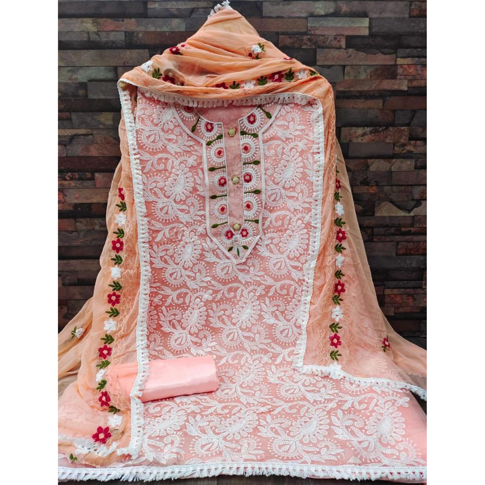 Peach Floral Embroidered Chanderi Dress Material