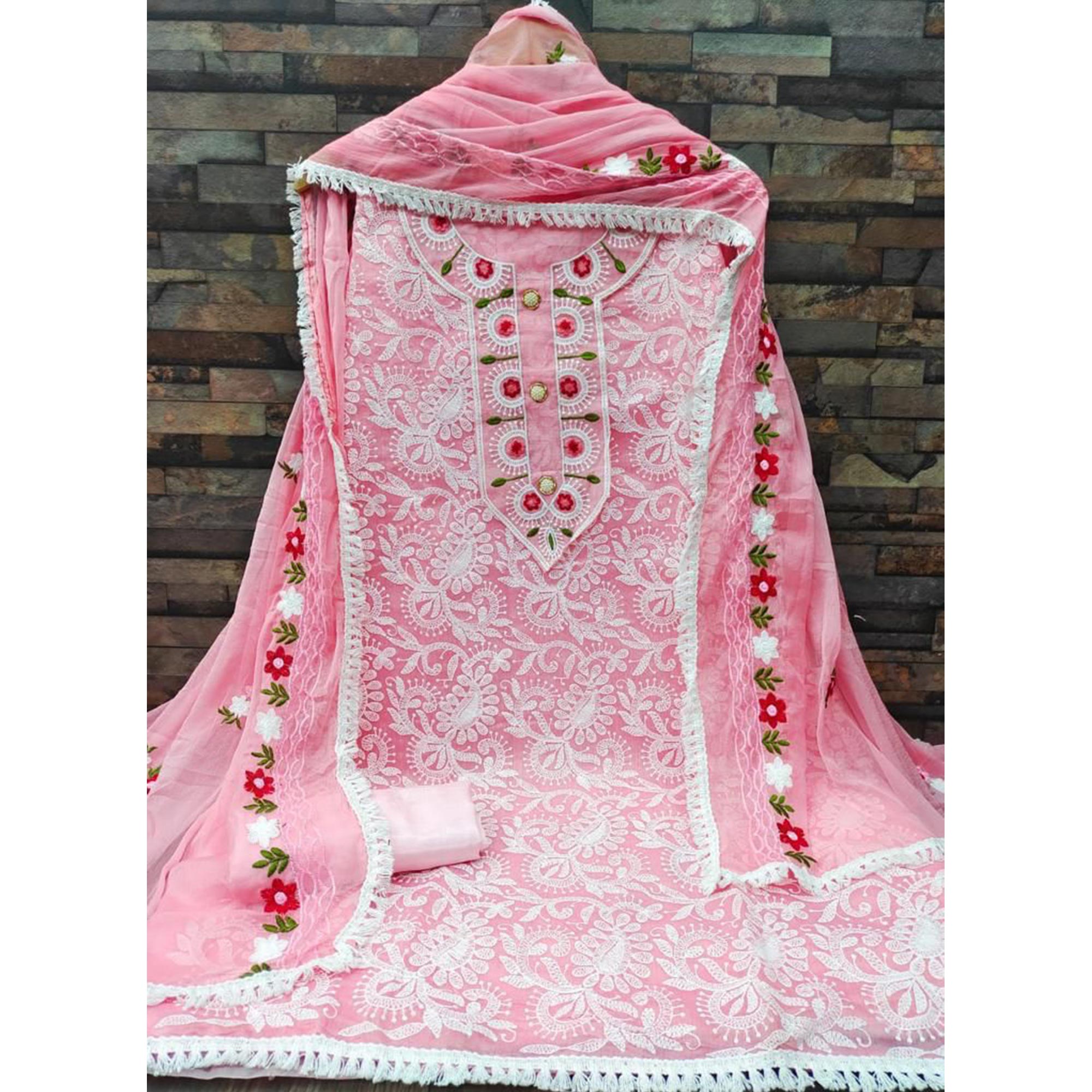 Pink Floral Embroidered Chanderi Dress Material