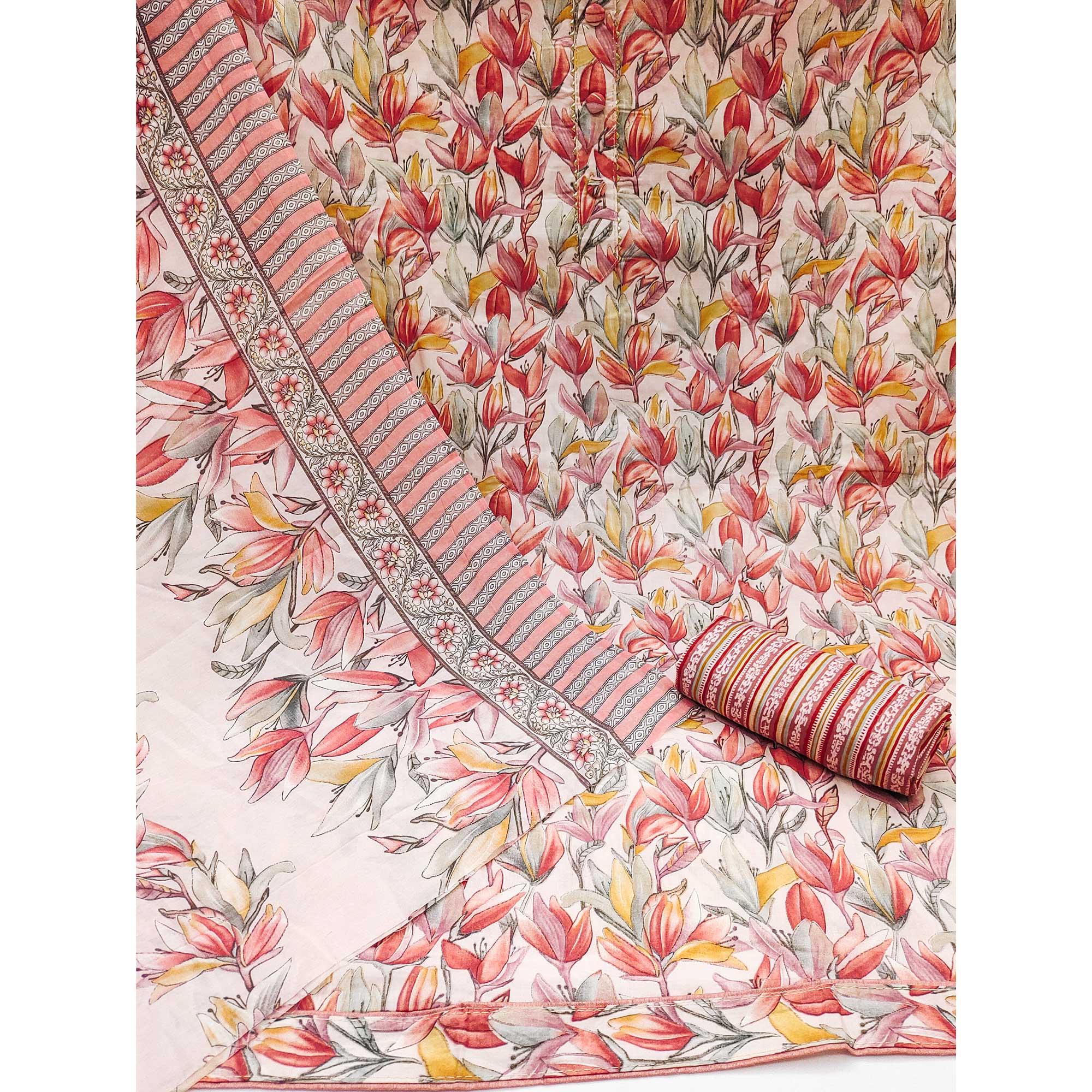 Peach Floral Printed Cotton Blend Dress Material