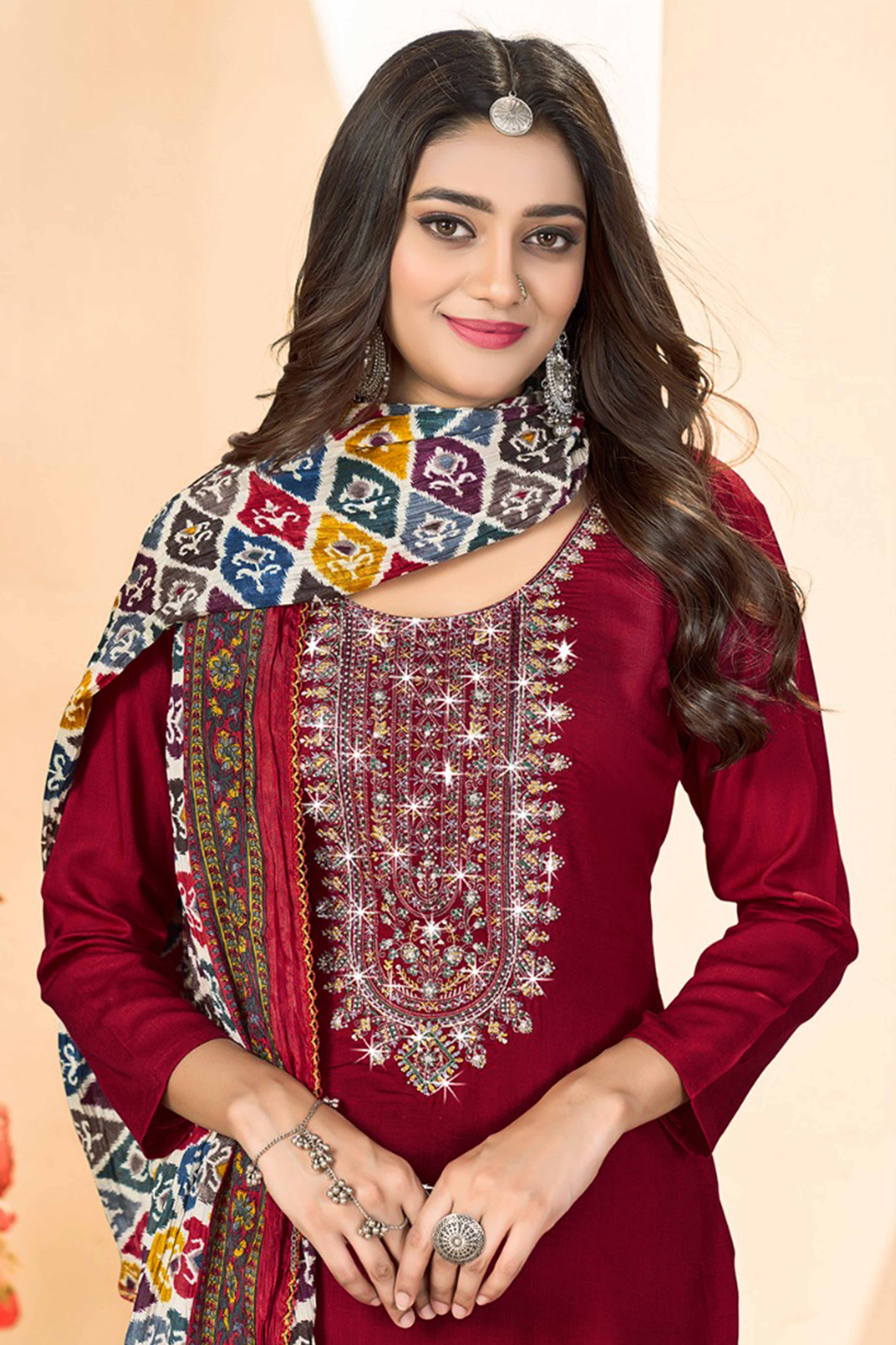 Maroon Embroidery With Diamond Rayon Dress Material