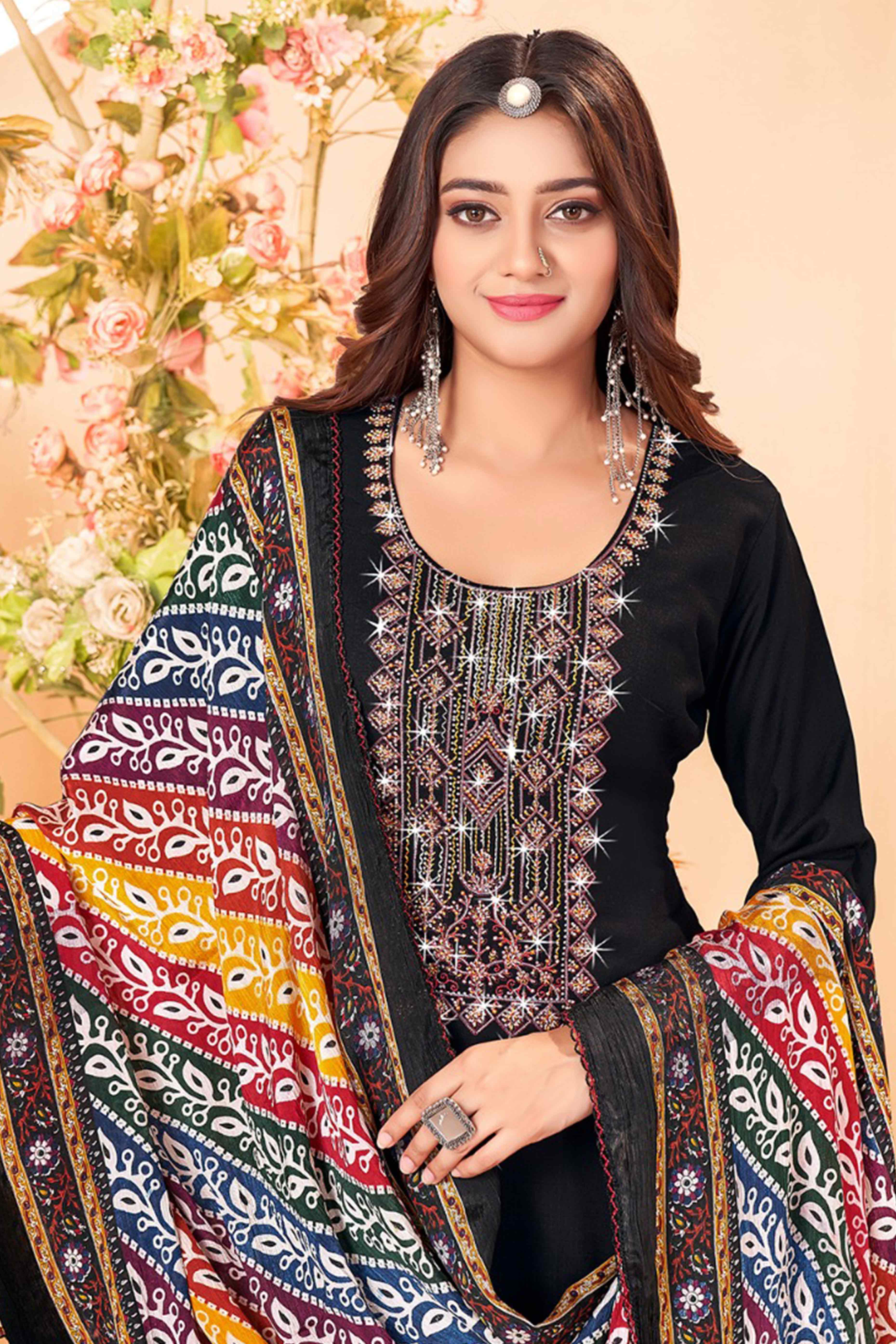 Black Embroidery With Diamond Rayon Dress Material